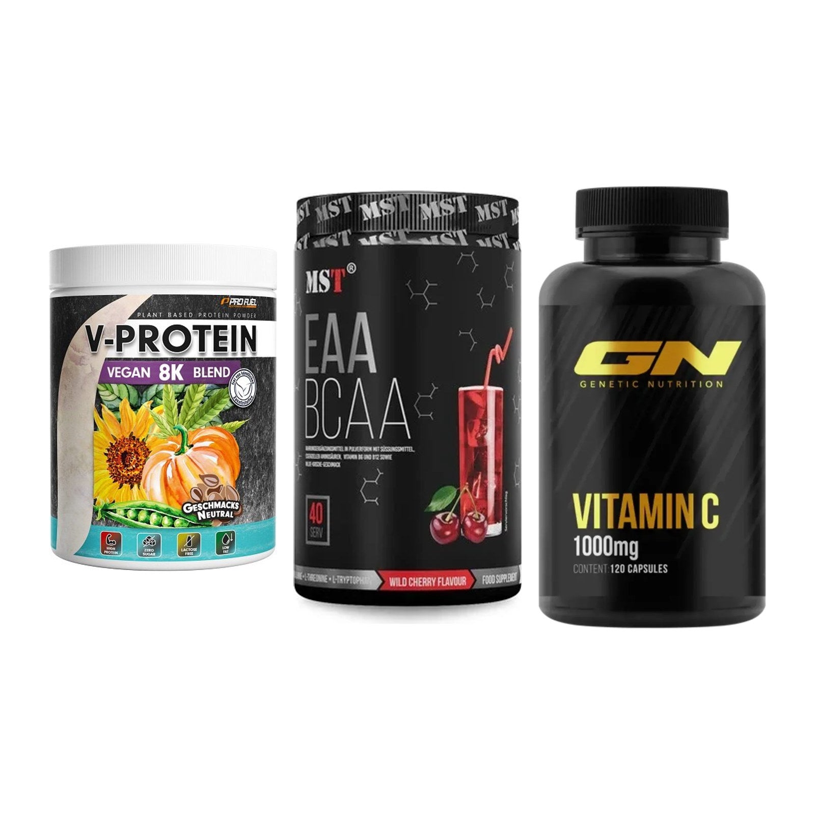 Pflanzliches Set: ProFuel V-Prote + MST EAA & BCAA + GN Vitamin C – alle enthaltenen Artikel