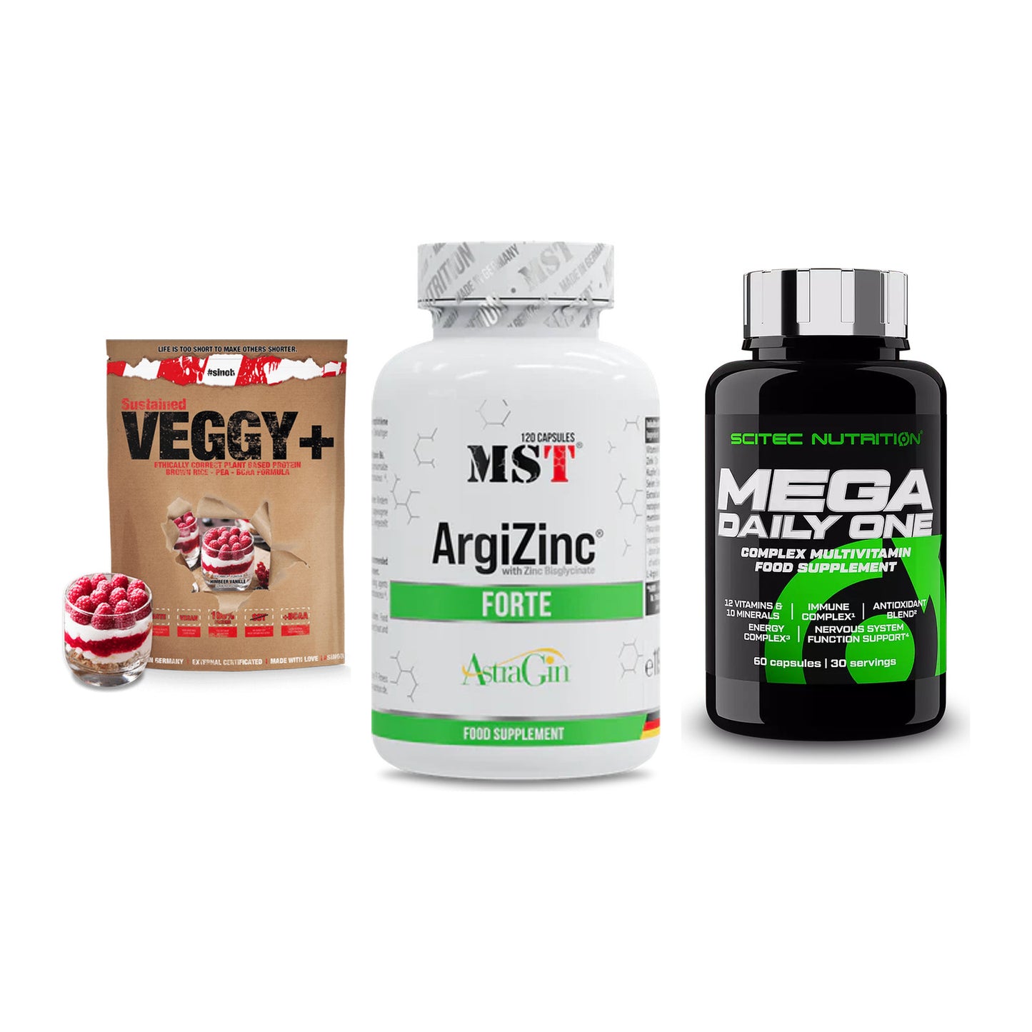 Pflanzliches Set: Sinob VEGGY + MST ArgiZinc + Scitec Mega – alle enthaltenen Artikel