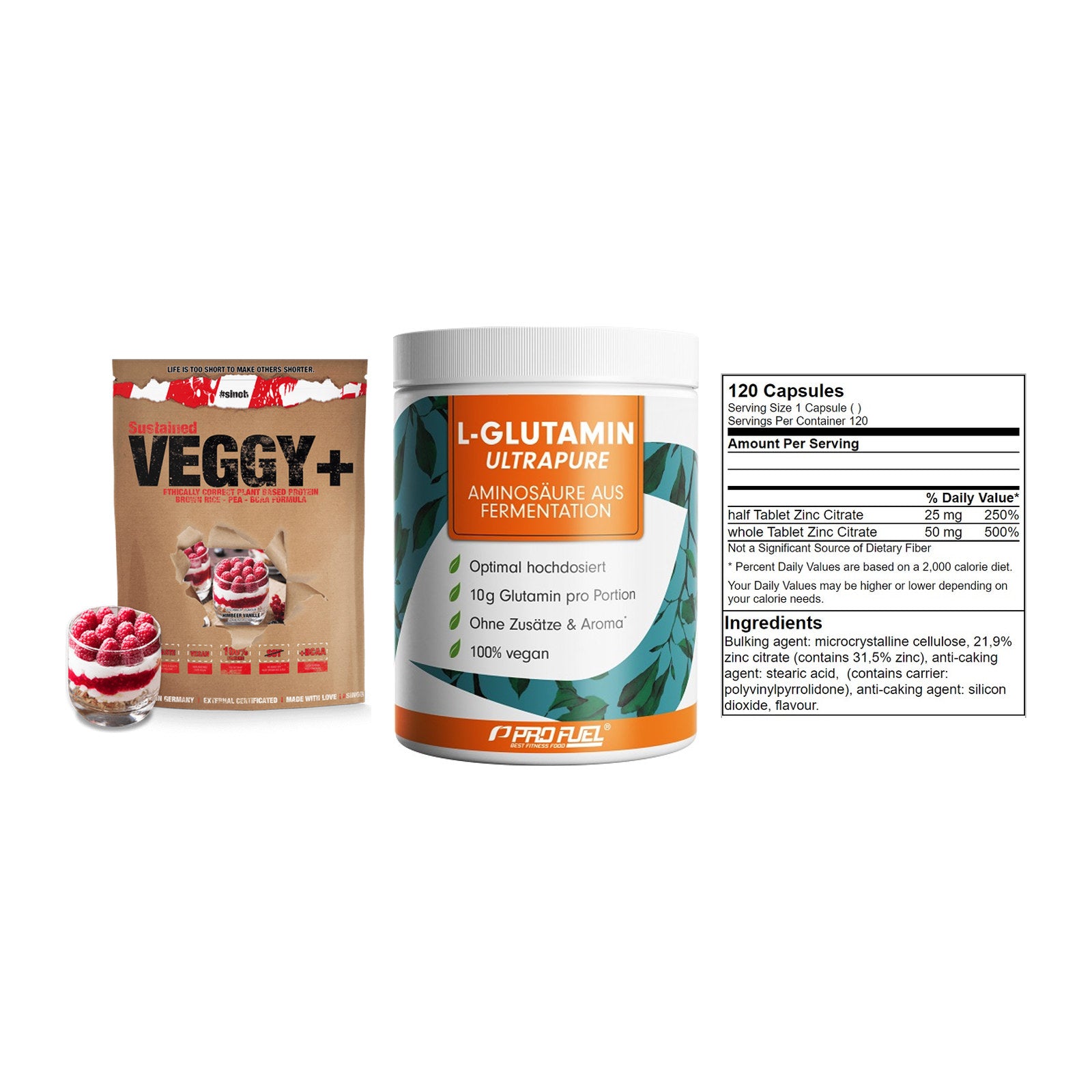 Pflanzliches Set: Sinob VEGGY + ProFuel Glutami + GN Zinc Citrate – alle enthaltenen Artikel