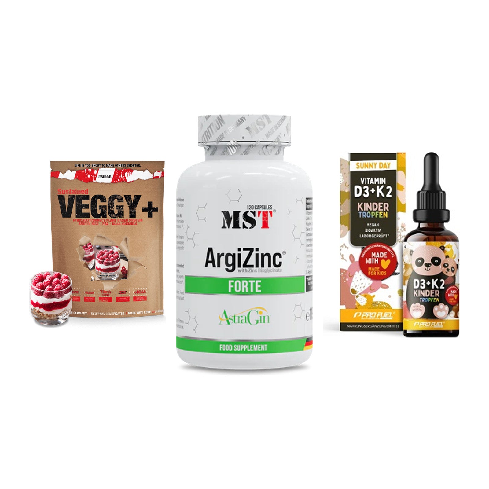 Pflanzliches Set: Sinob VEGGY + MST ArgiZinc + ProFuel VITAMIN – alle enthaltenen Artikel