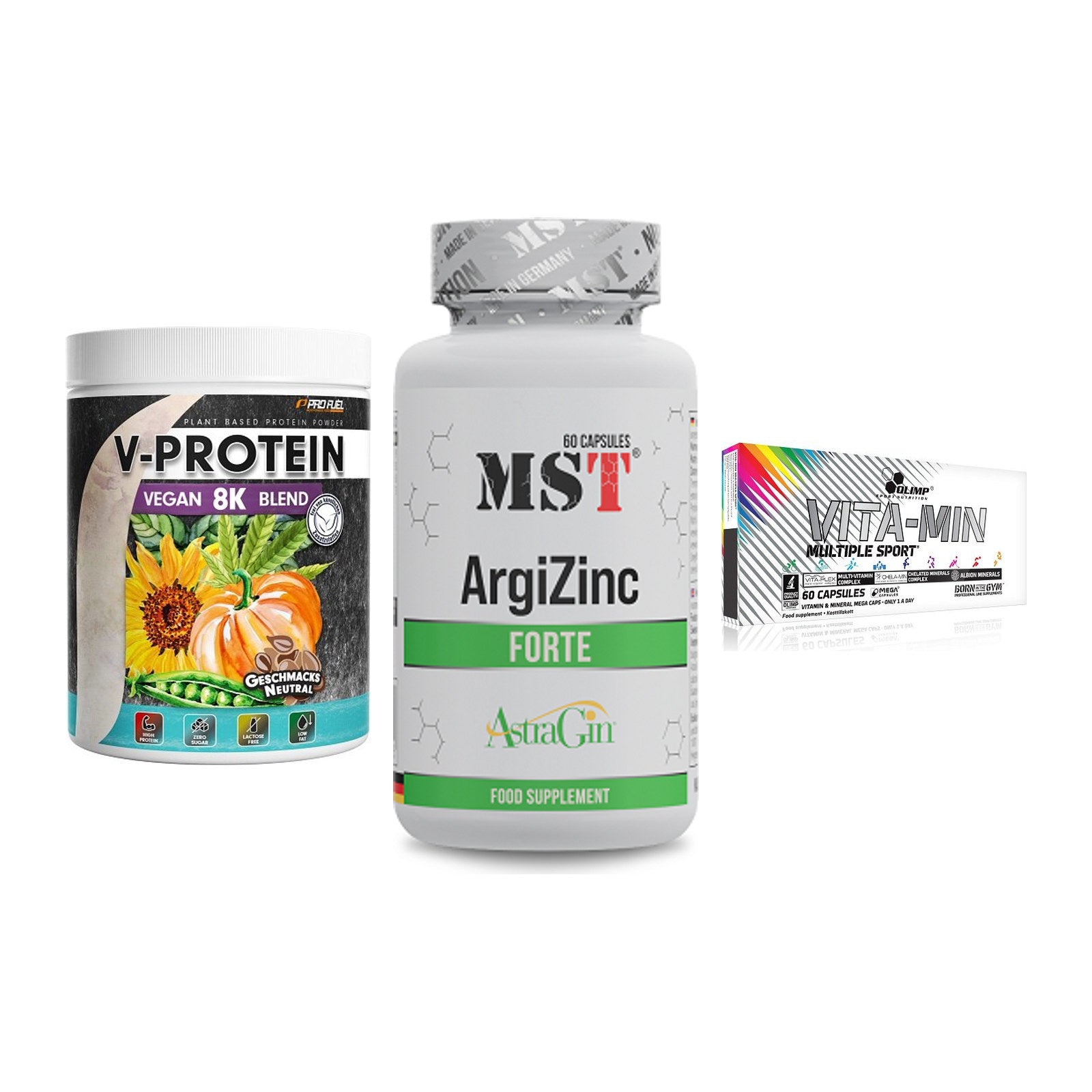 Pflanzliches Set: ProFuel V-Prote + MST ArgiZinc + Olimp Vita-Min – alle enthaltenen Artikel