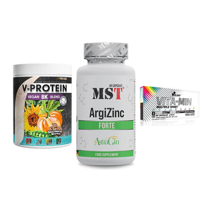 Pflanzliches Set: ProFuel V-Prote + MST ArgiZinc + Olimp Vita-Min – alle enthaltenen Artikel