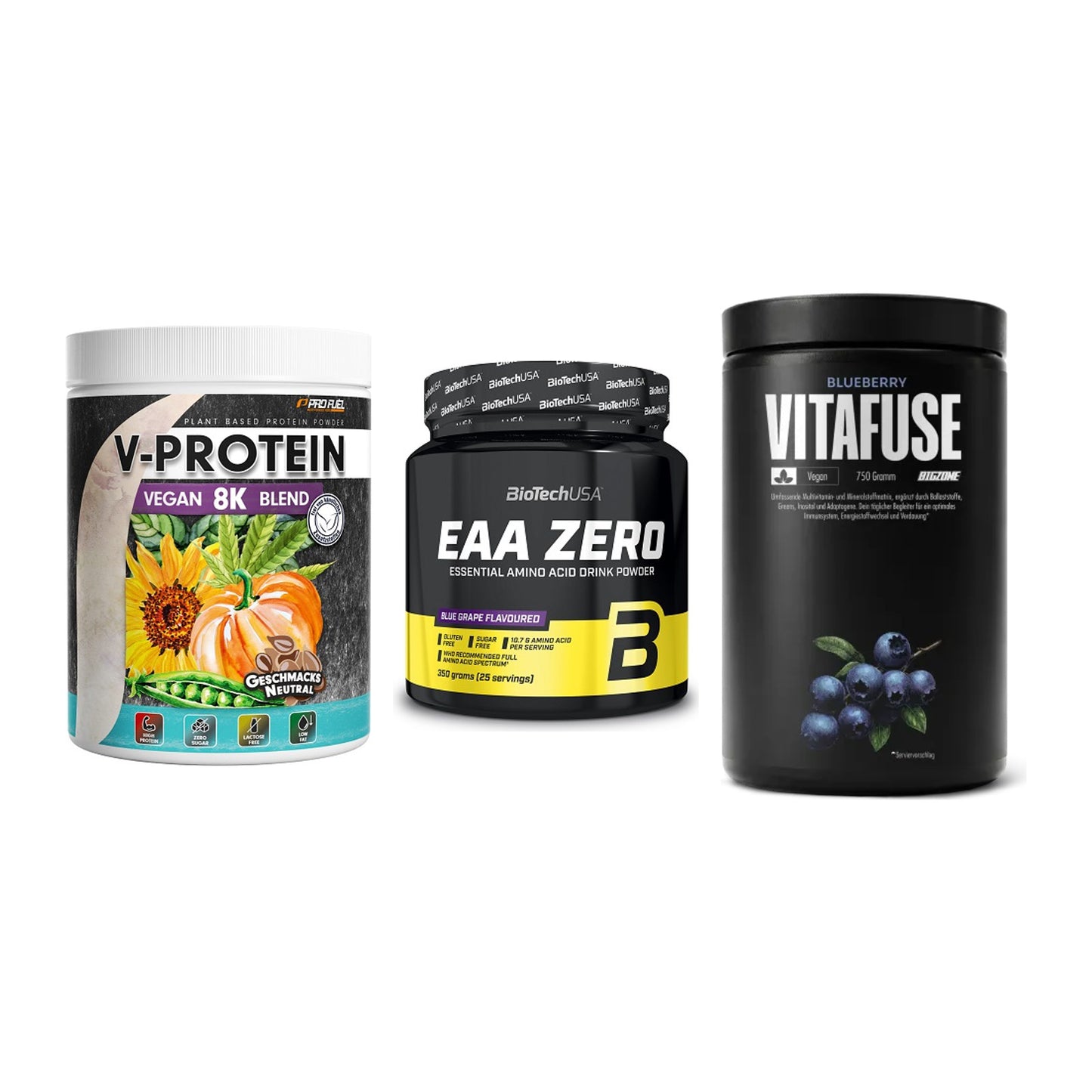 Pflanzliches Set: ProFuel V-Prote + BioTech EAA + Big Zone – alle enthaltenen Artikel
