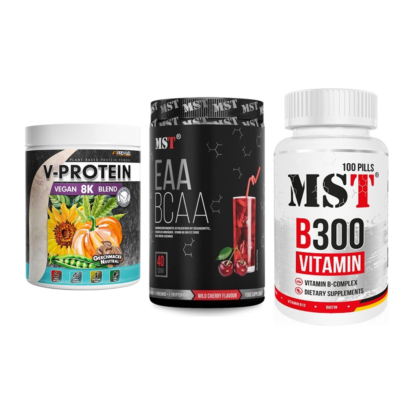 Pflanzliches Set: ProFuel V-Prote + MST EAA & BCAA + MST B300 – alle enthaltenen Artikel