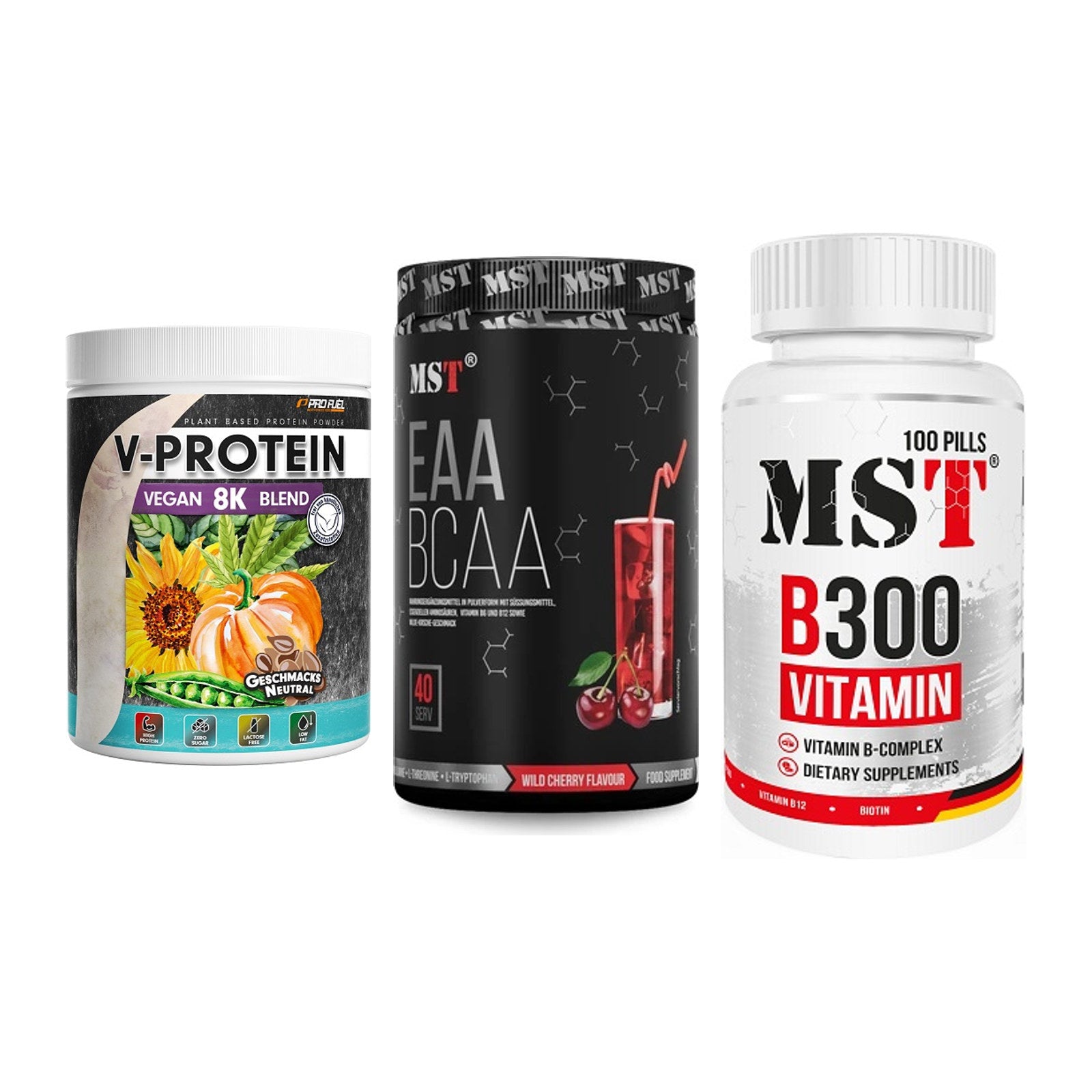 Pflanzliches Set: ProFuel V-Prote + MST EAA & BCAA + MST B300 – alle enthaltenen Artikel