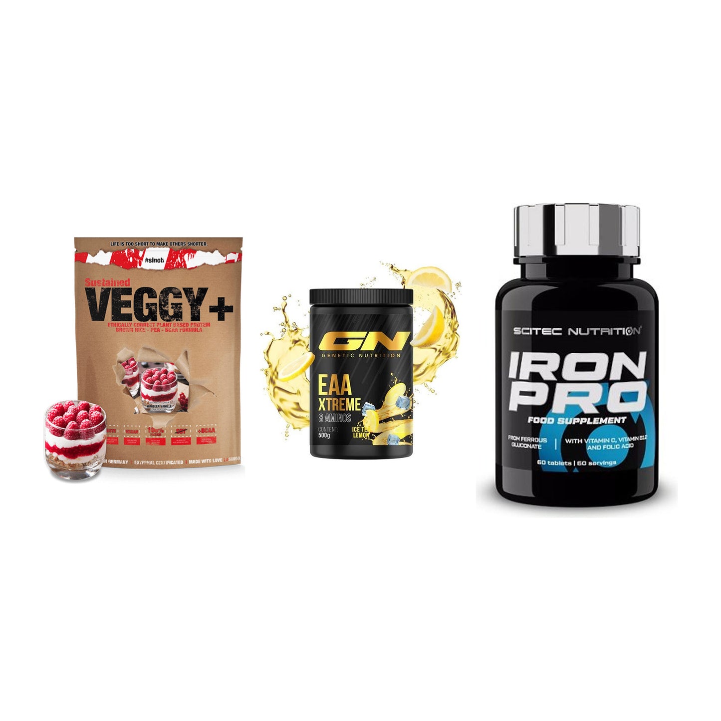 Pflanzliches Set: Sinob VEGGY + GN EAA Xtreme + Scitec Iron Pro – alle enthaltenen Artikel