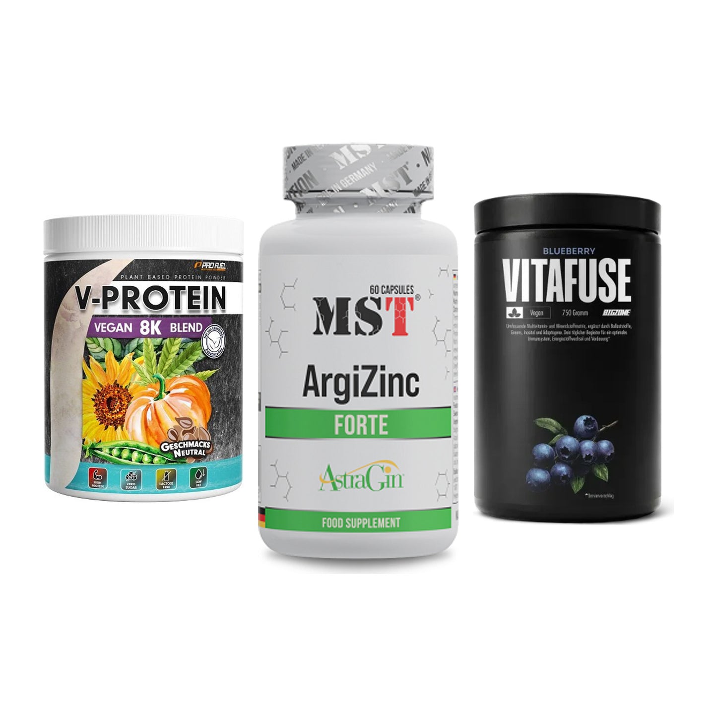 Pflanzliches Set: ProFuel V-Prote + MST ArgiZinc + Big Zone – alle enthaltenen Artikel