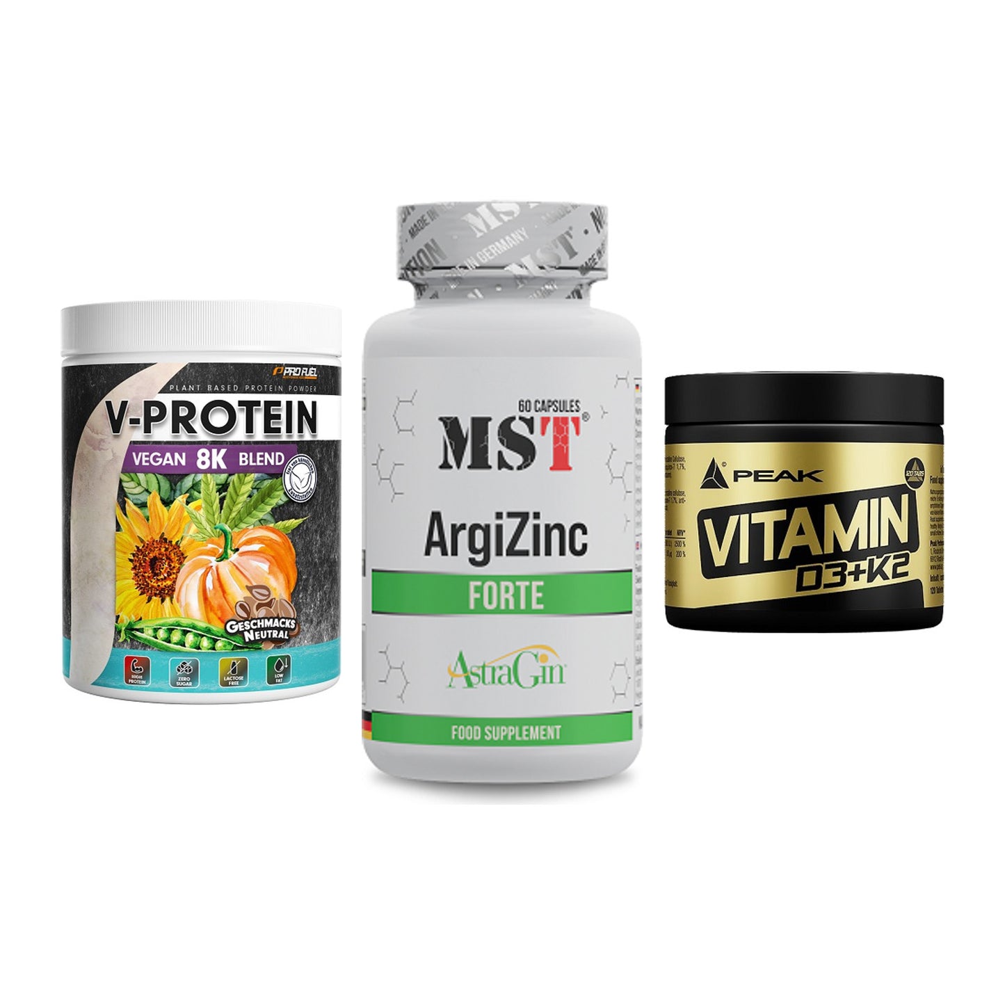 Pflanzliches Set: ProFuel V-Prote + MST ArgiZinc + Peak Vitamin – alle enthaltenen Artikel