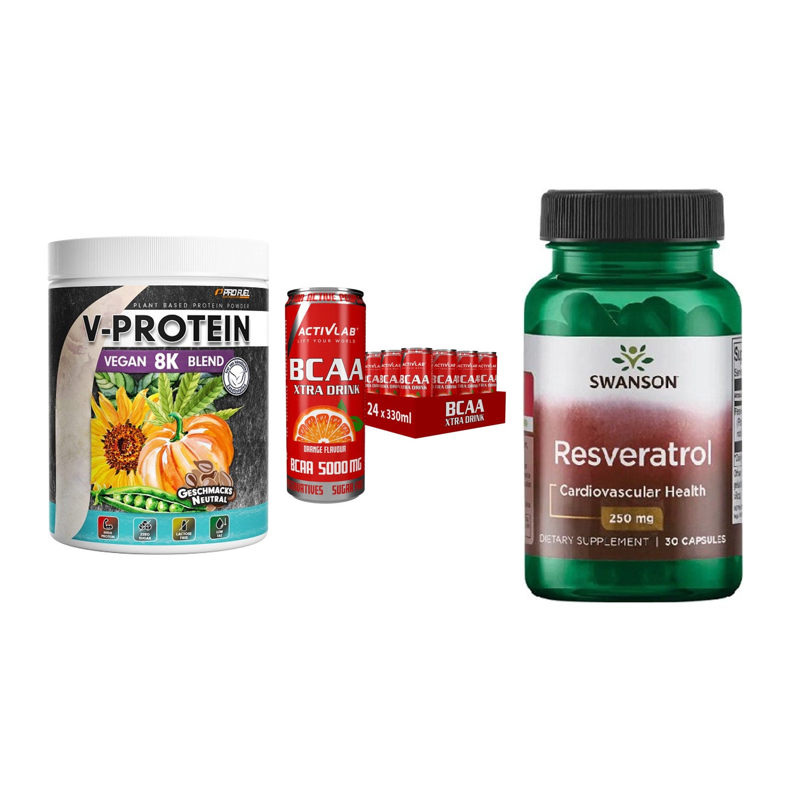 Pflanzliches Set: ProFuel V-Prote + Activlab BCAA + Swanson Resvera – alle enthaltenen Artikel