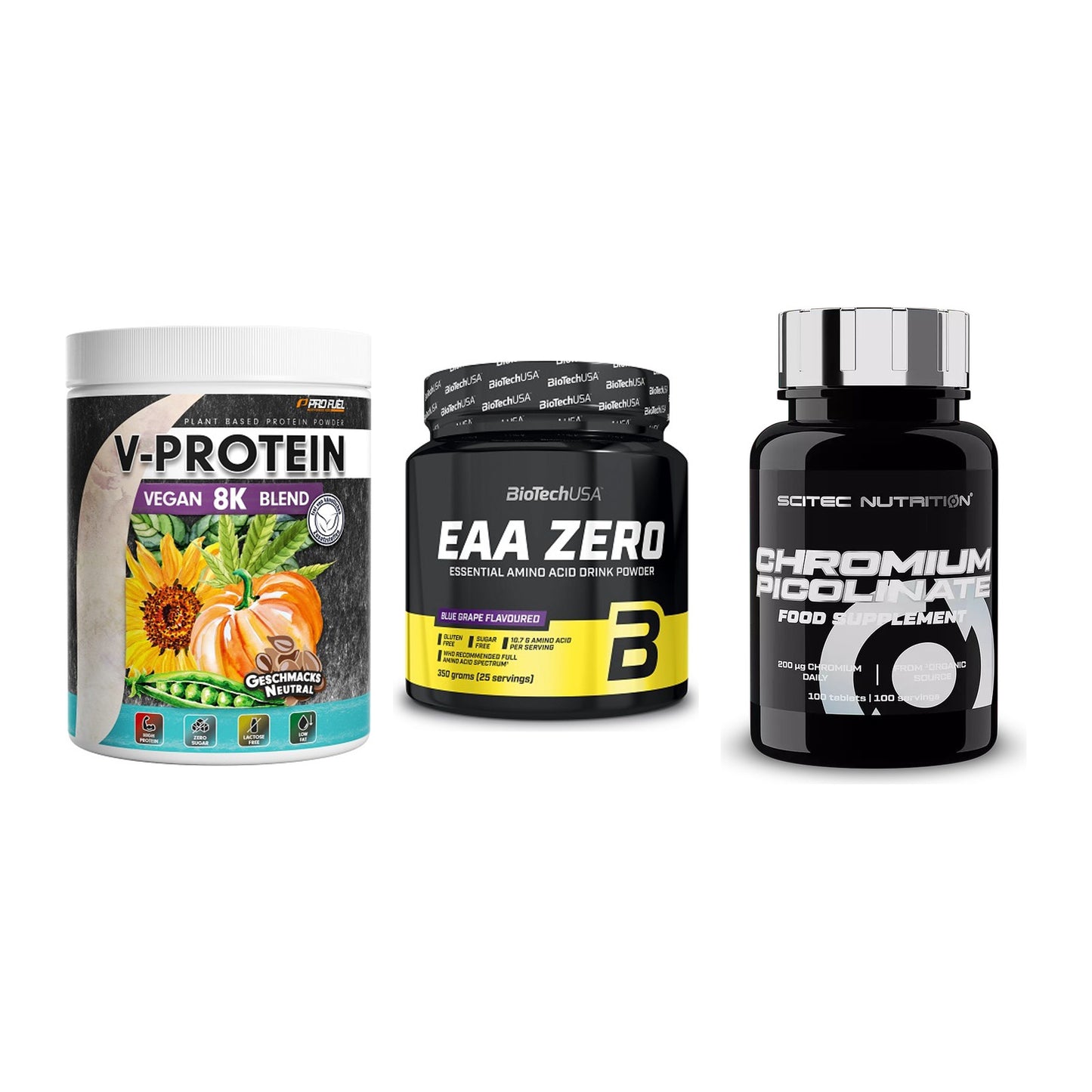 Pflanzliches Set: ProFuel V-Prote + BioTech EAA + Scitec Chromium – alle enthaltenen Artikel