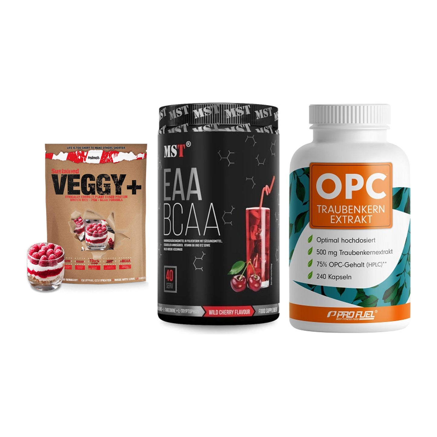 Pflanzliches Set: Sinob VEGGY + MST EAA & BCAA + ProFuel OPC – alle enthaltenen Artikel
