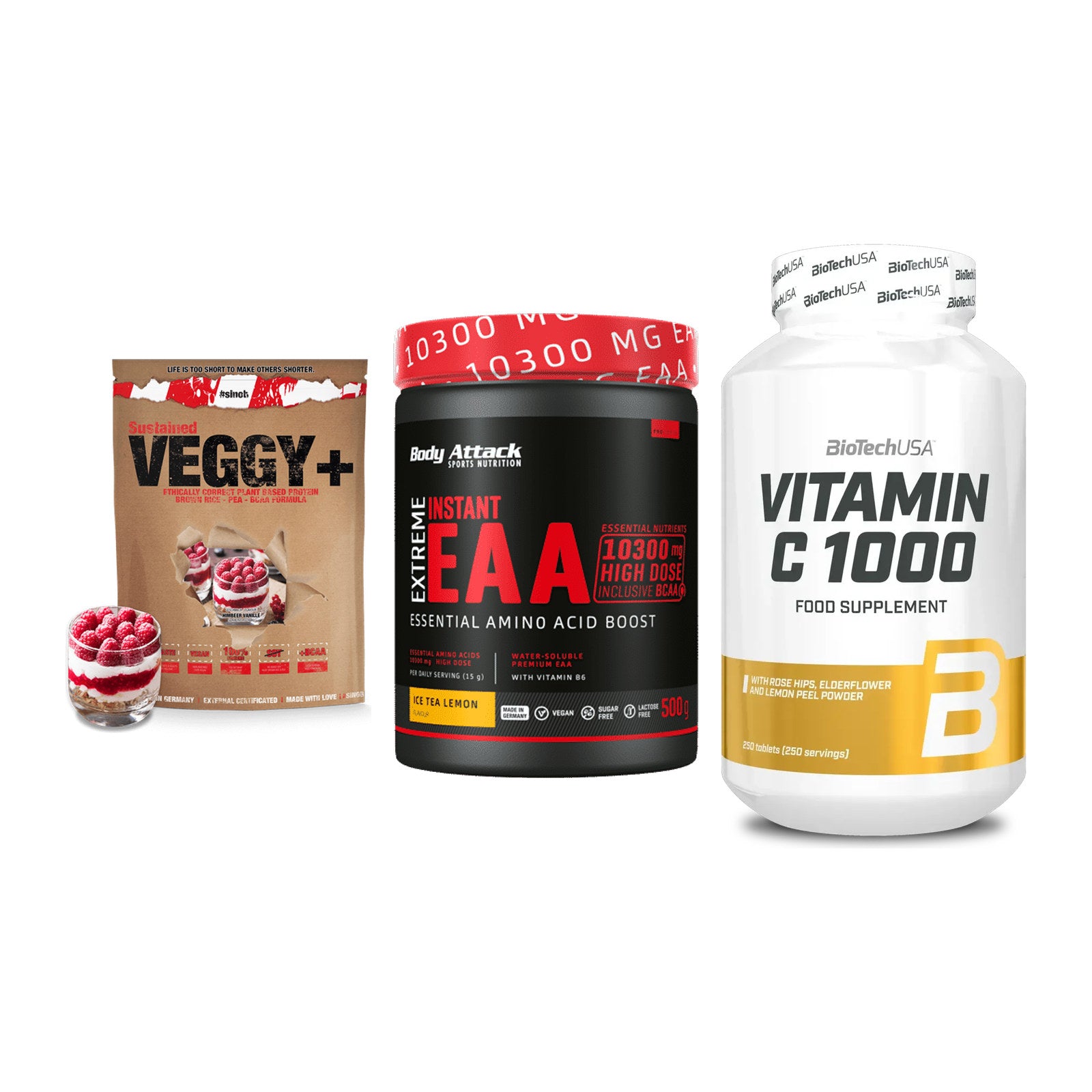 Pflanzliches Set: Sinob VEGGY + Body Attack + BioTech Vitamin – alle enthaltenen Artikel