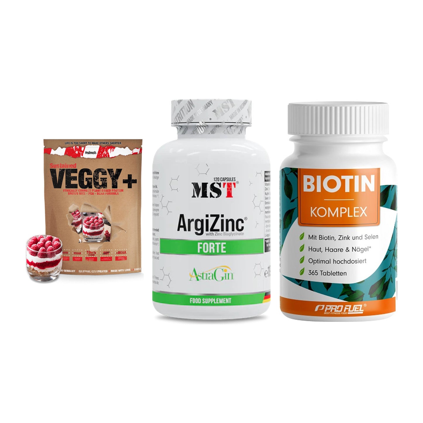 Pflanzliches Set: Sinob VEGGY + MST ArgiZinc + ProFuel BIOTIN – alle enthaltenen Artikel