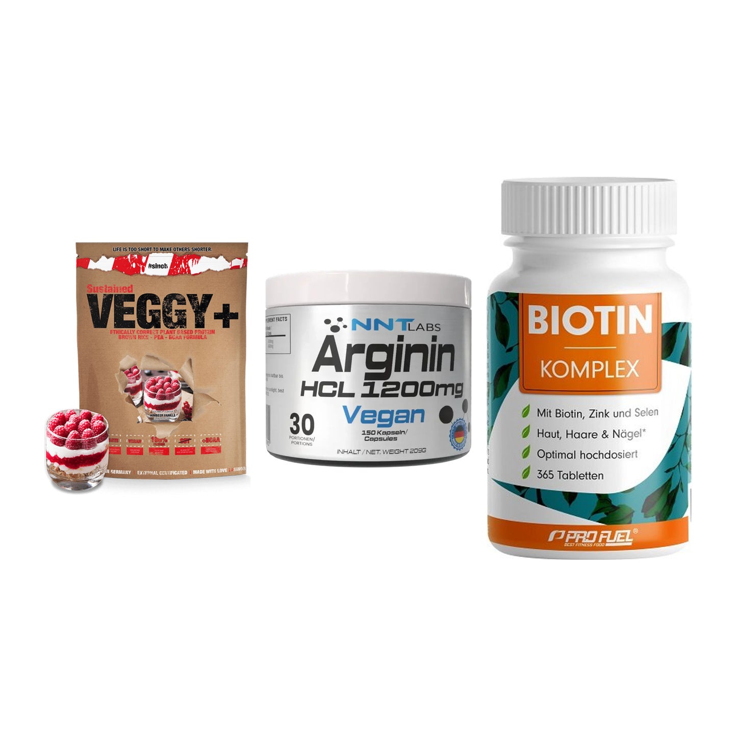 Pflanzliches Set: Sinob VEGGY + NNT Arginin HCL + ProFuel BIOTIN – alle enthaltenen Artikel