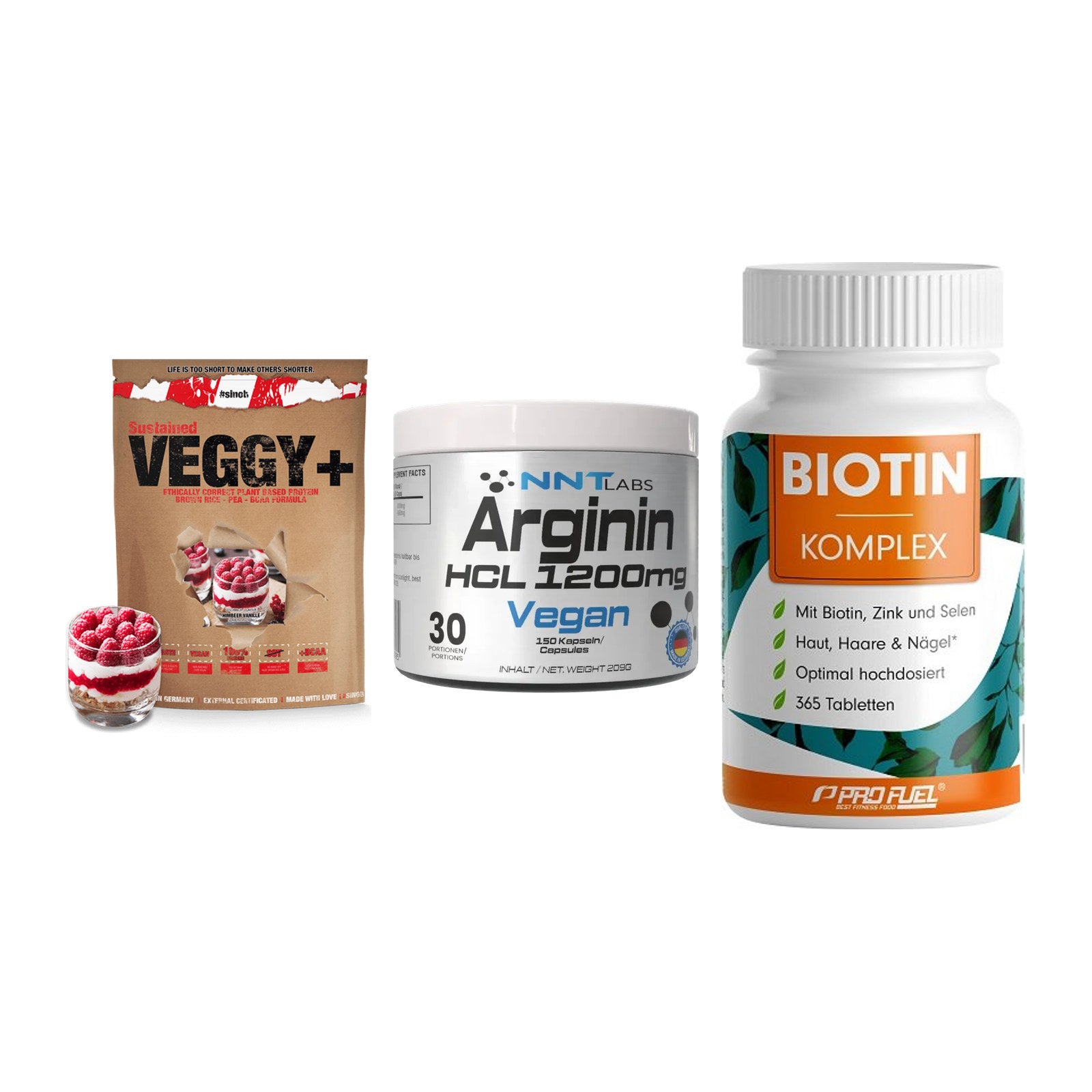Pflanzliches Set: Sinob VEGGY + NNT Arginin HCL + ProFuel BIOTIN – alle enthaltenen Artikel