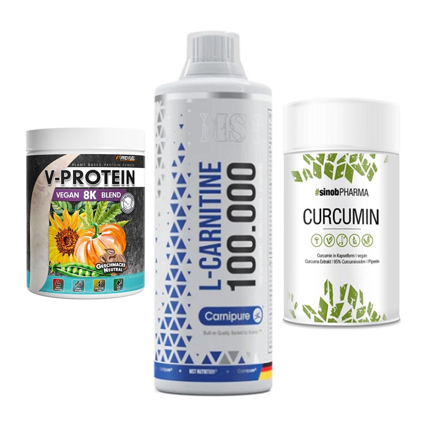 Pflanzliches Set: ProFuel V-Prote + MST L-Carnitine + Sinob Curcumin – alle enthaltenen Artikel