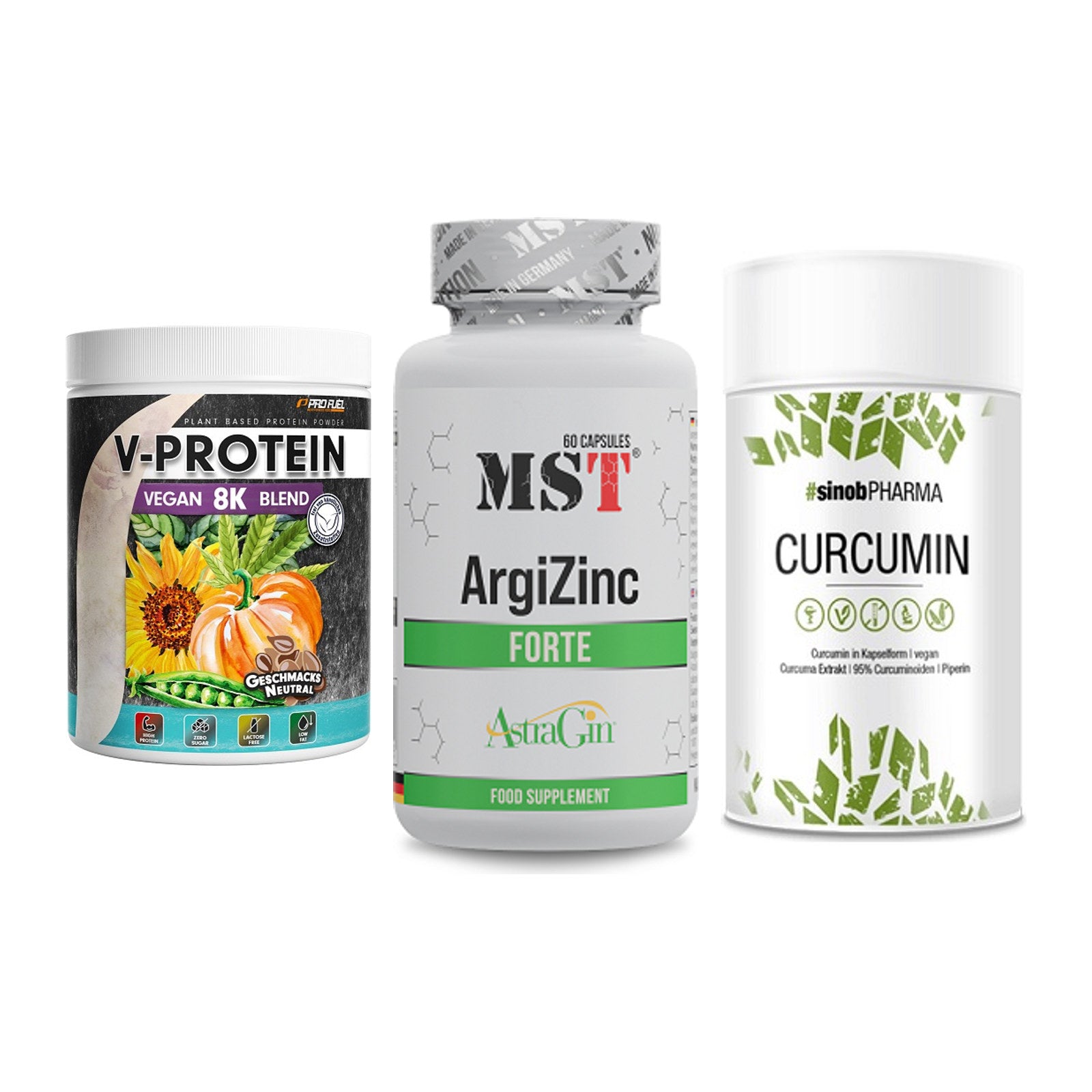 Pflanzliches Set: ProFuel V-Prote + MST ArgiZinc + Sinob Curcumin – alle enthaltenen Artikel