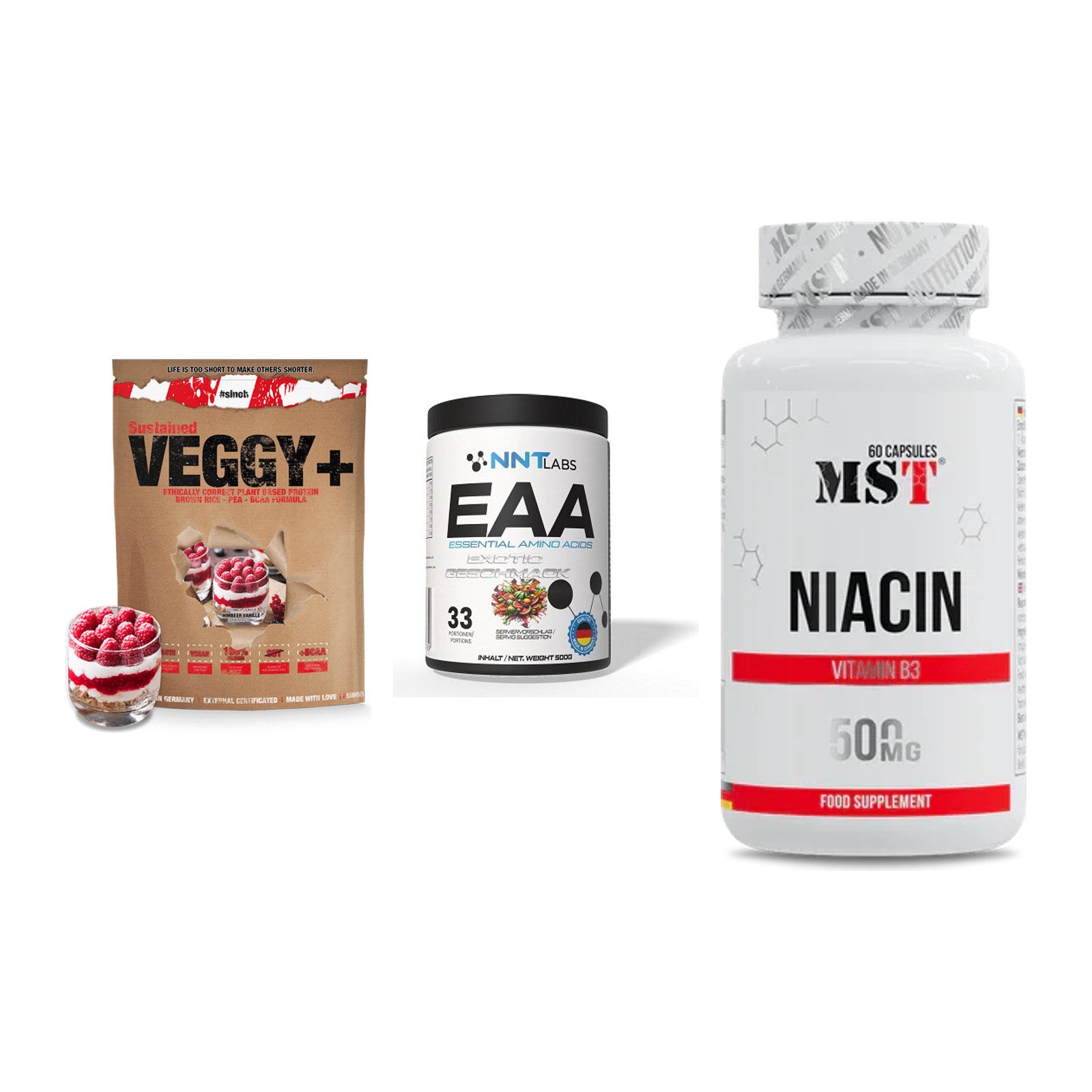 Pflanzliches Set: Sinob VEGGY + VEGAN PROTEIN + NNT EAA + MST Niacin – alle enthaltenen Artikel