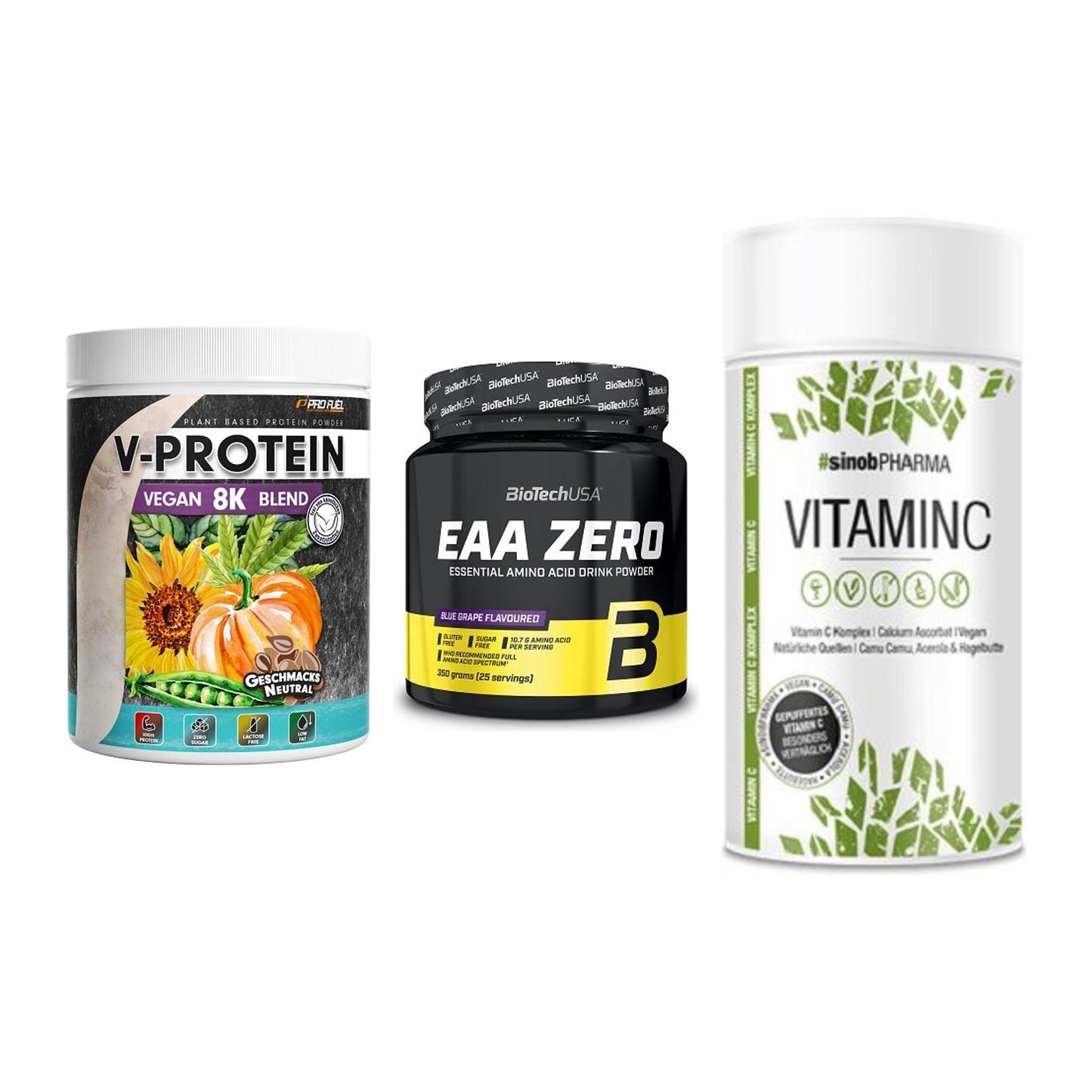 Pflanzliches Set: ProFuel V-Prote + BioTech EAA + Sinob Vitamin C – alle enthaltenen Artikel