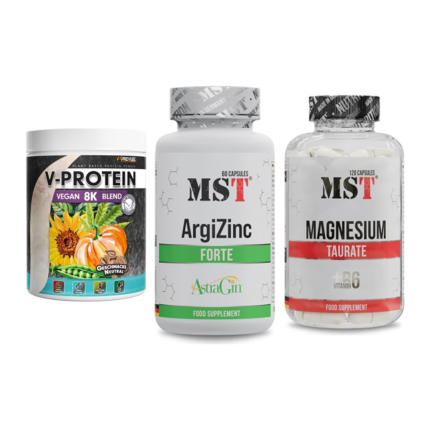 Pflanzliches Set: ProFuel V-Prote + MST ArgiZinc + MST Magnesium – alle enthaltenen Artikel