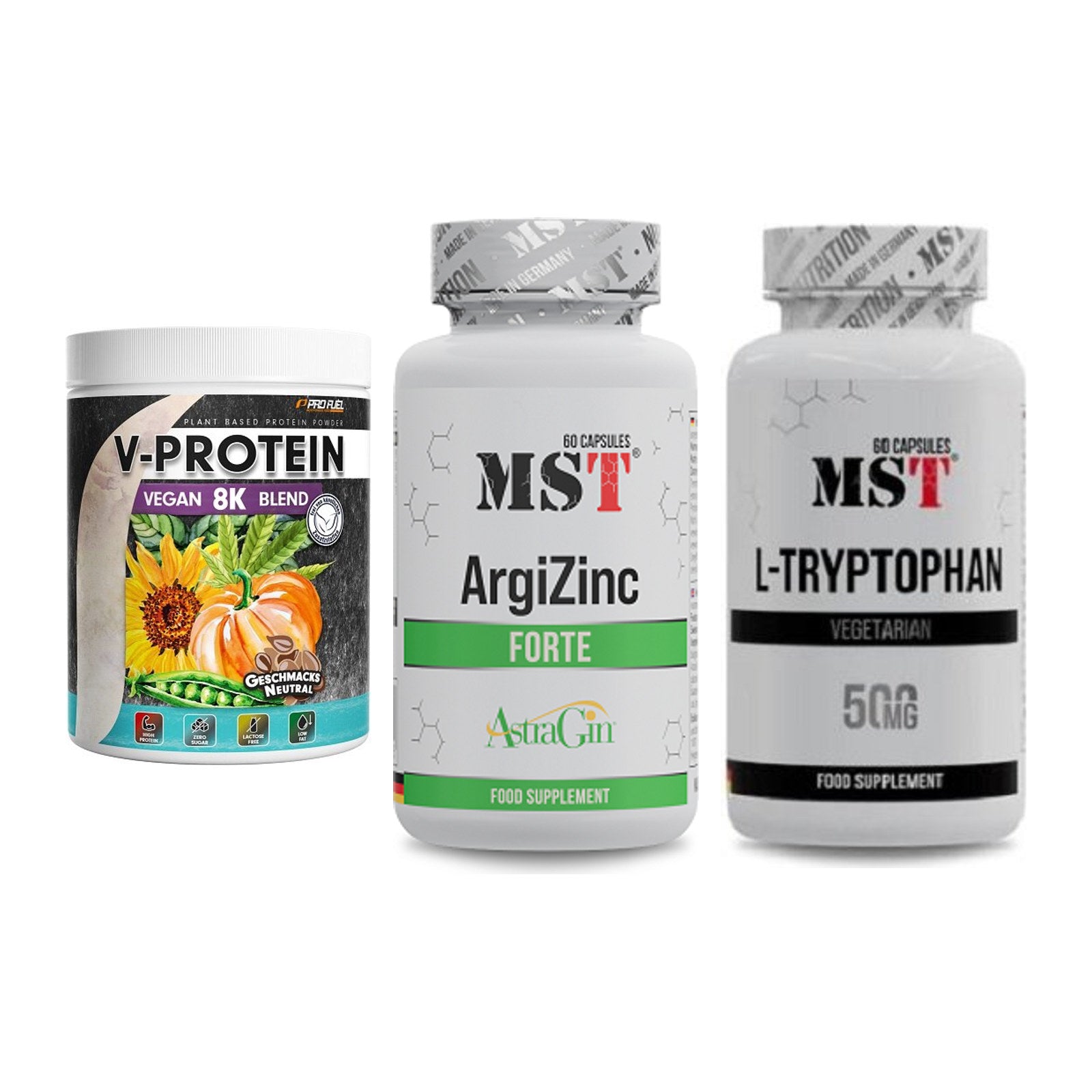 Pflanzliches Set: ProFuel V-Prote + MST ArgiZinc + MST Tryptophan – alle enthaltenen Artikel