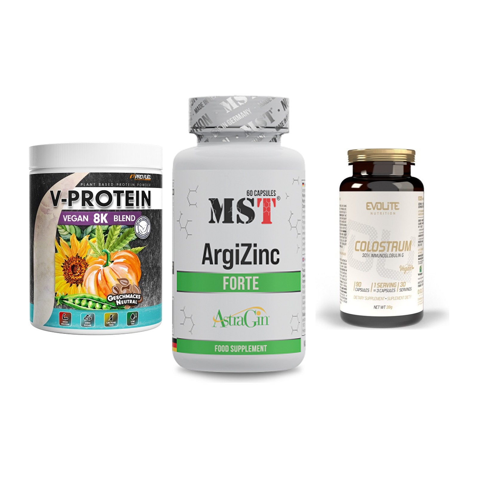 Pflanzliches Set: ProFuel V-Prote + MST ArgiZinc + Evolite Nutriti – alle enthaltenen Artikel