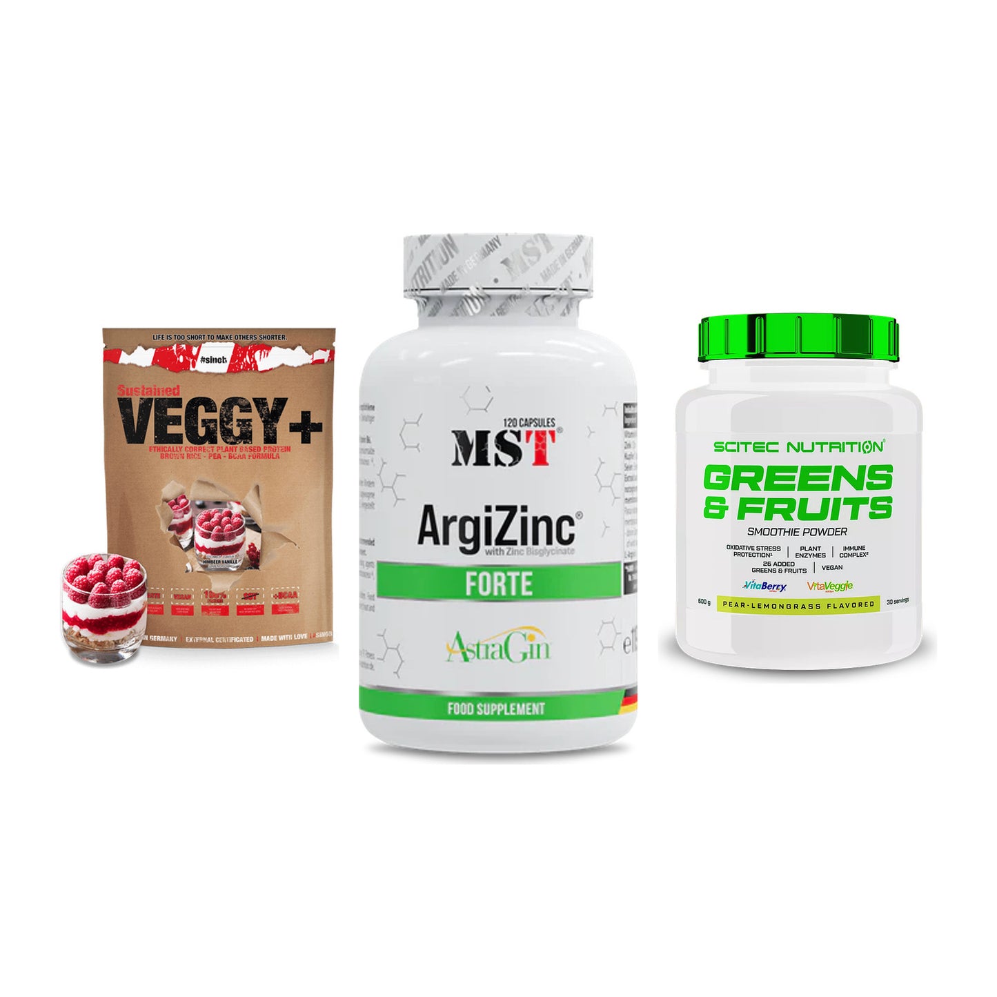 Pflanzliches Set: Sinob VEGGY + MST ArgiZinc + Scitec Greens – alle enthaltenen Artikel