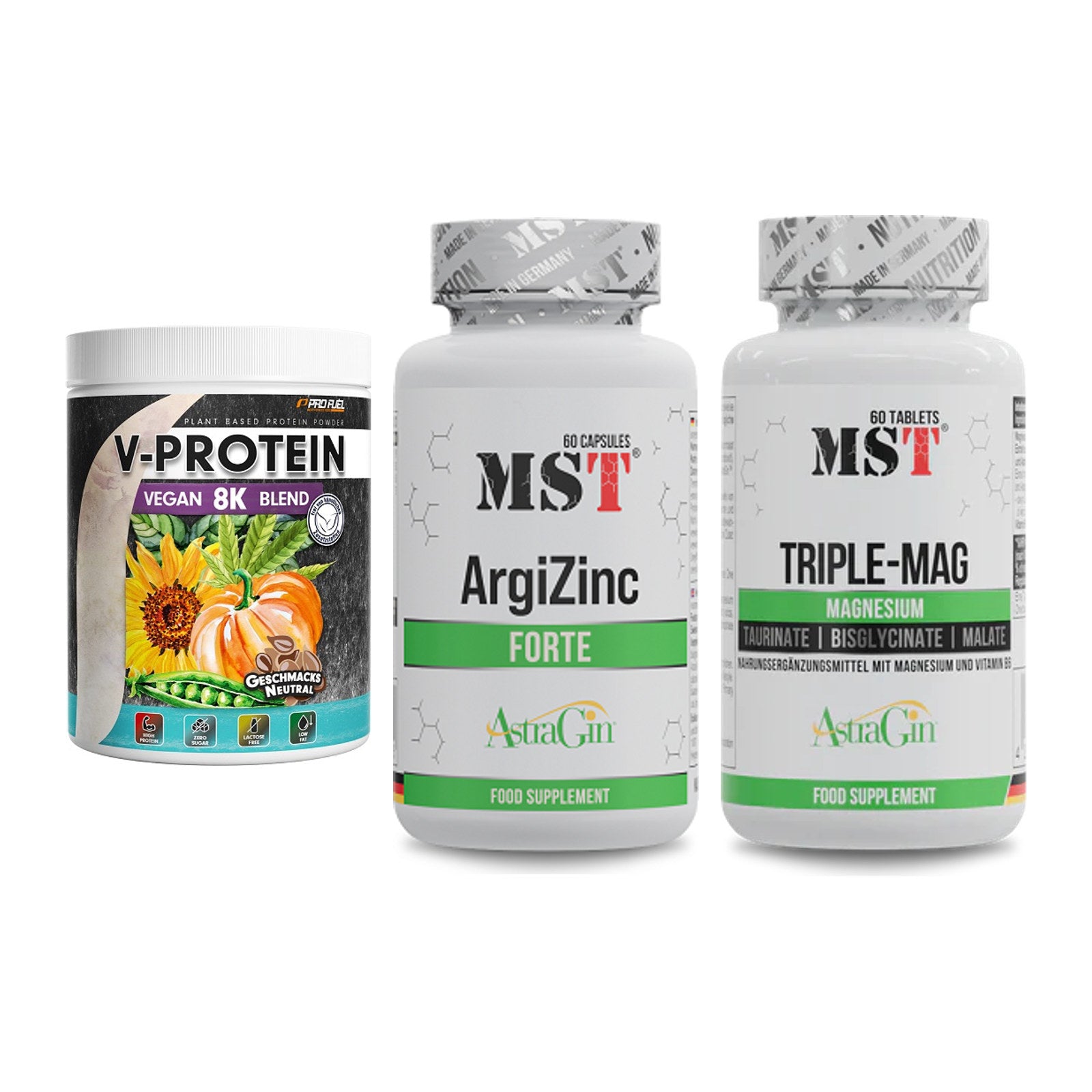 Pflanzliches Set: ProFuel V-Prote + MST ArgiZinc + MST Tripple Mag – alle enthaltenen Artikel