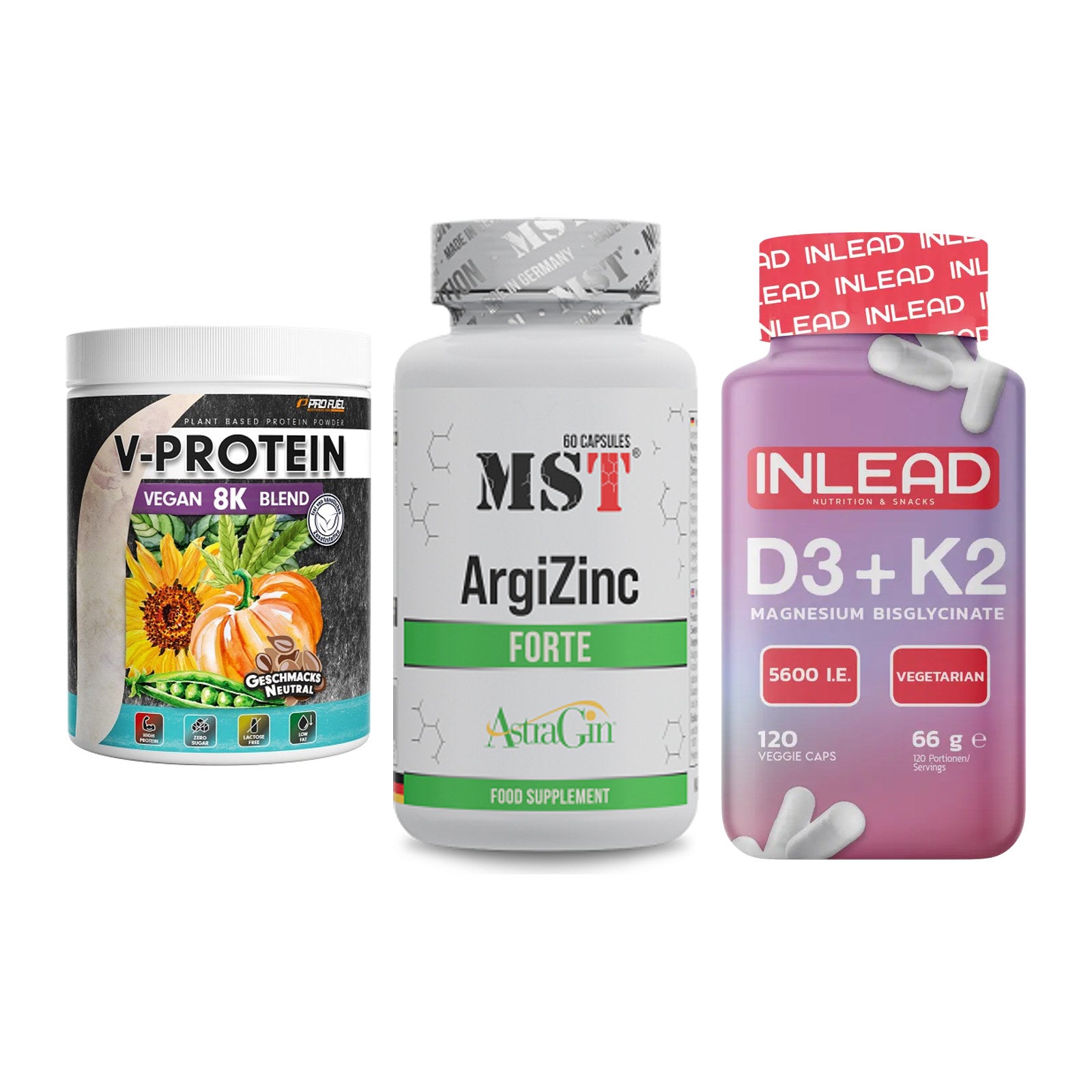 Pflanzliches Set: ProFuel V-Prote + MST ArgiZinc + INLEAD Vitamin – alle enthaltenen Artikel