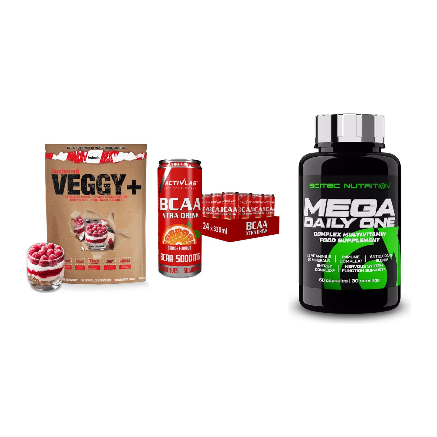 Pflanzliches Set: Sinob VEGGY + Activlab BCAA + Scitec Mega – alle enthaltenen Artikel