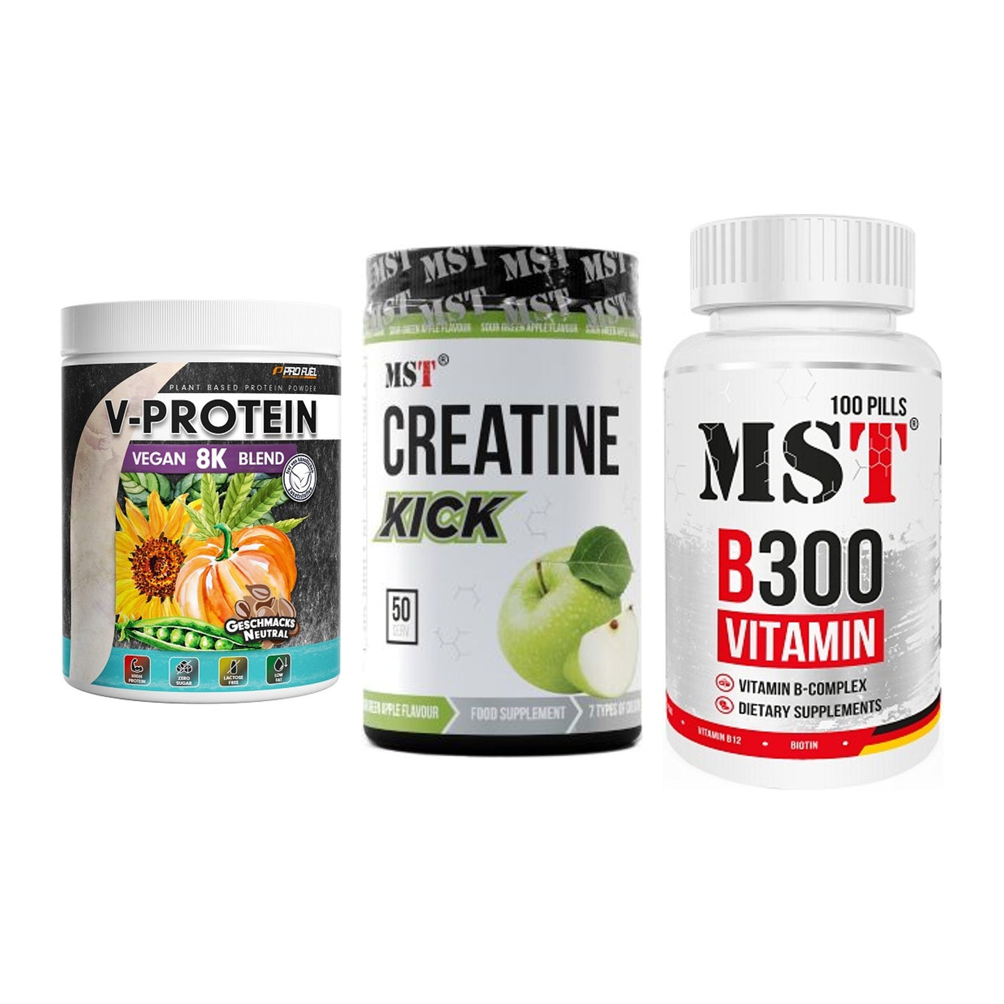 Pflanzliches Set: ProFuel V-Prote + MST Creatine + MST B300 – alle enthaltenen Artikel