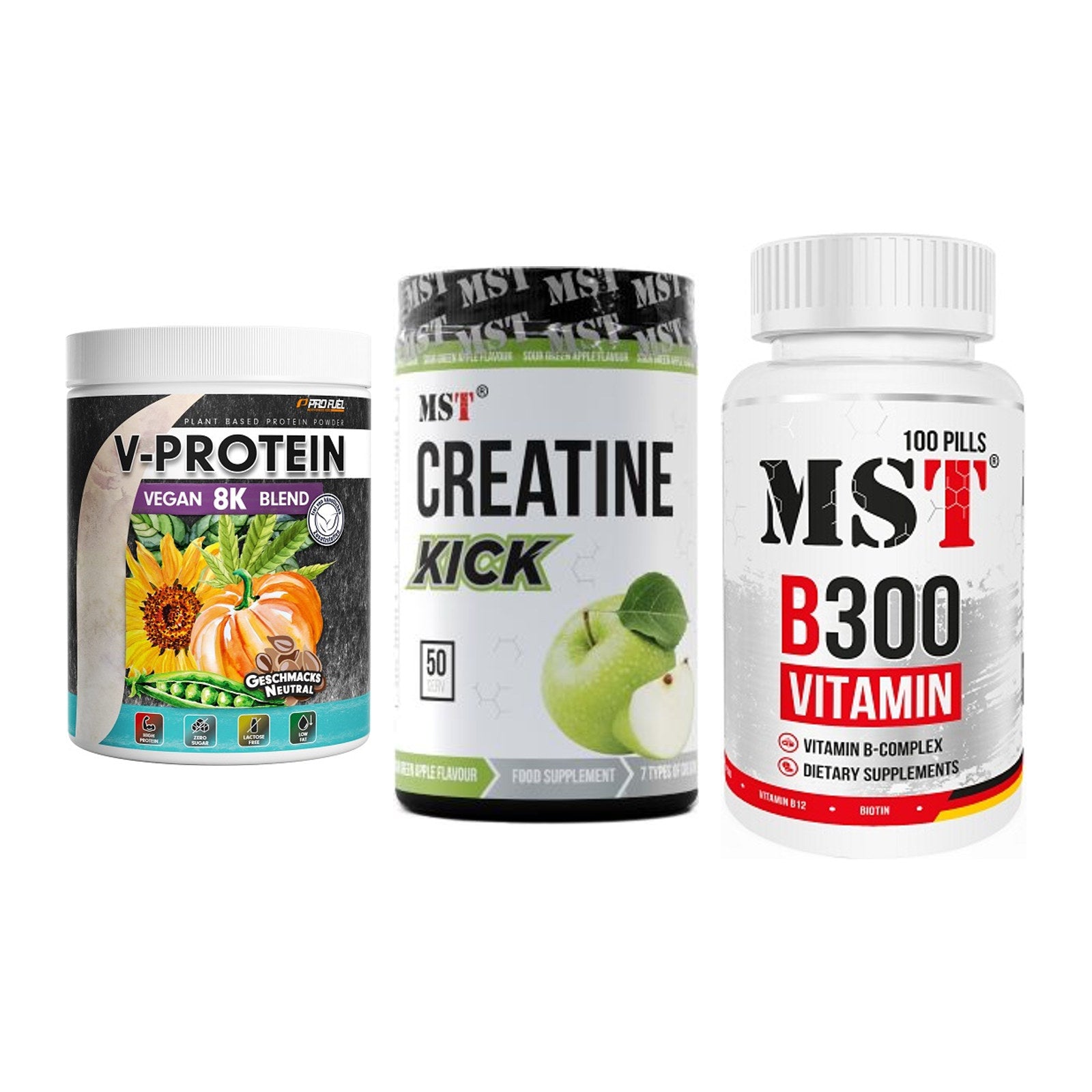 Pflanzliches Set: ProFuel V-Prote + MST Creatine + MST B300 – alle enthaltenen Artikel