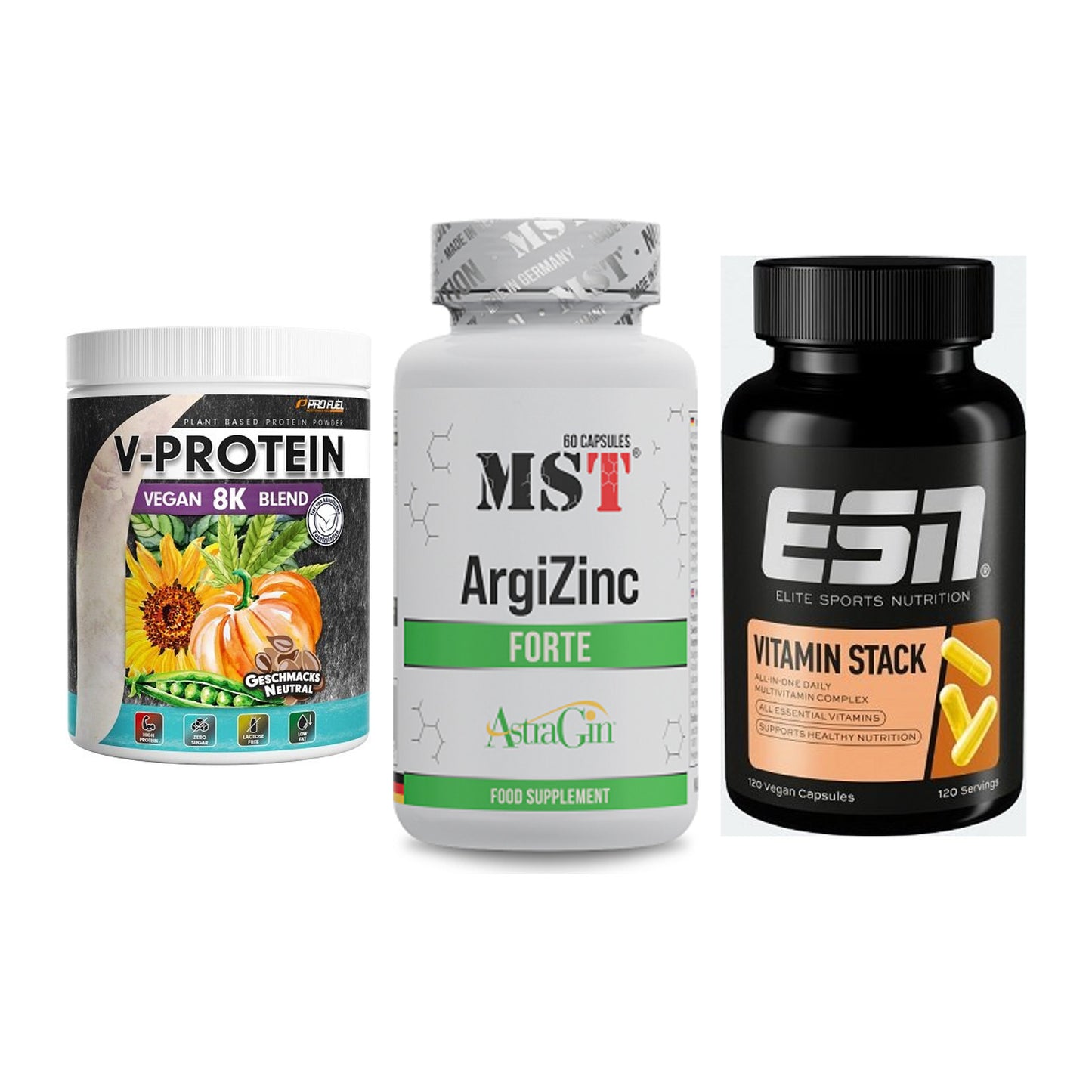 Pflanzliches Set: ProFuel V-Prote + MST ArgiZinc + ESN Vitamin – alle enthaltenen Artikel