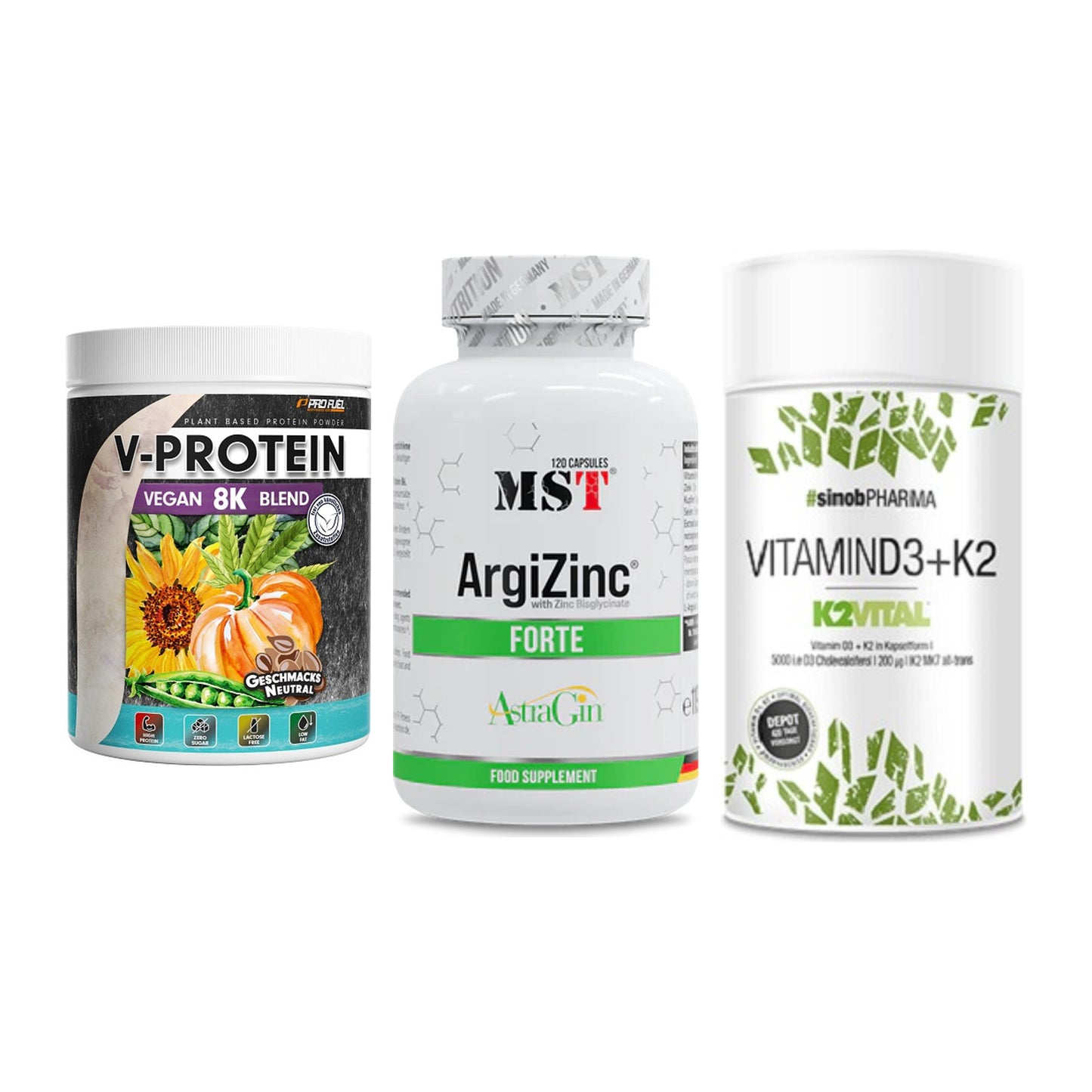 Pflanzliches Set: ProFuel V-Prote + MST ArgiZinc + Sinob Vitamin – alle enthaltenen Artikel