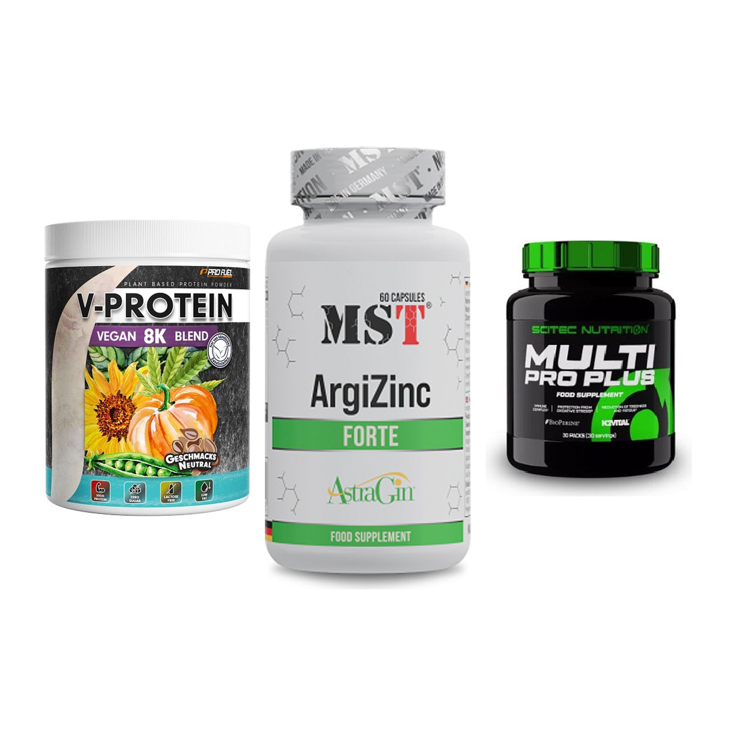 Pflanzliches Set: ProFuel V-Prote + MST ArgiZinc + Scitec Multi – alle enthaltenen Artikel