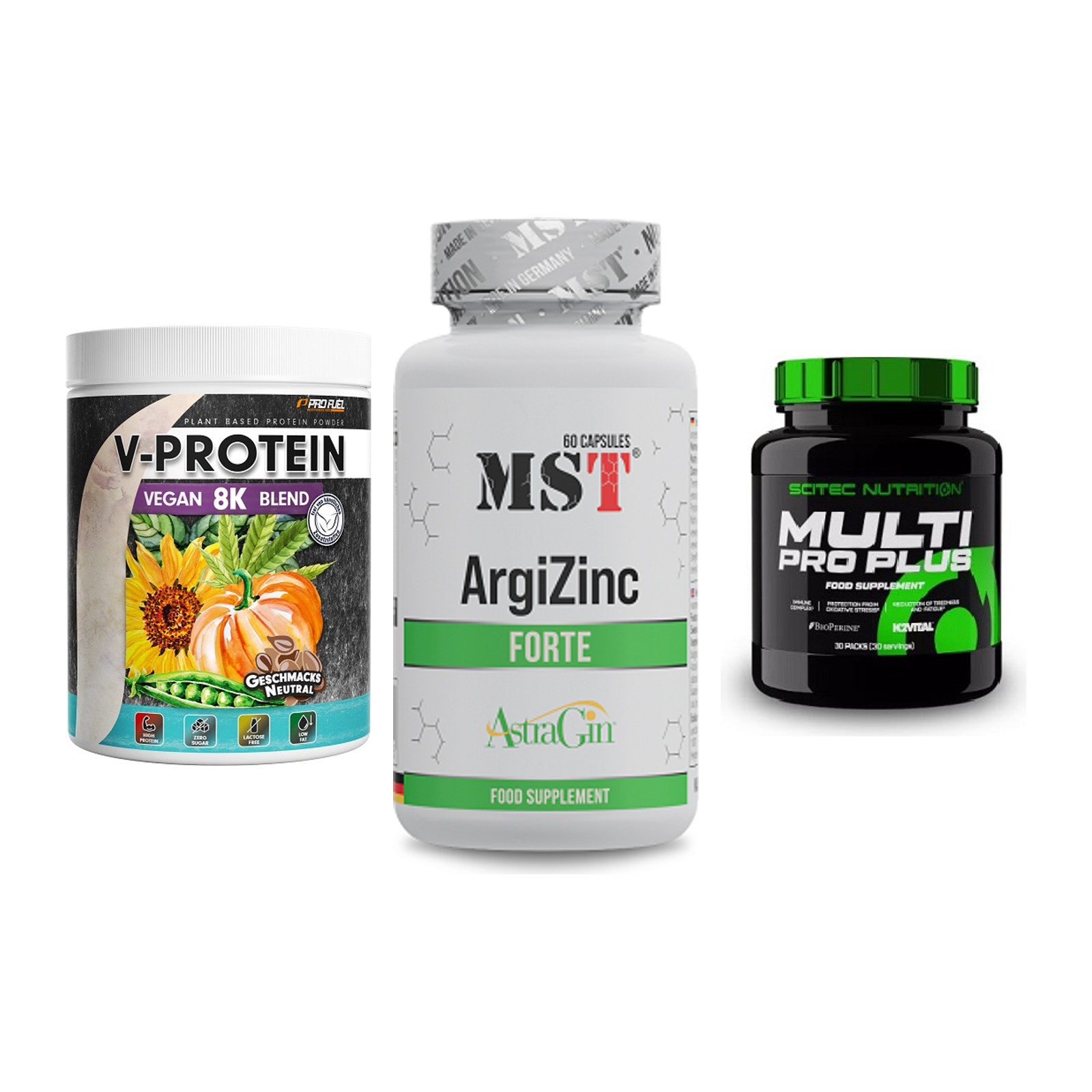 Pflanzliches Set: ProFuel V-Prote + MST ArgiZinc + Scitec Multi – alle enthaltenen Artikel