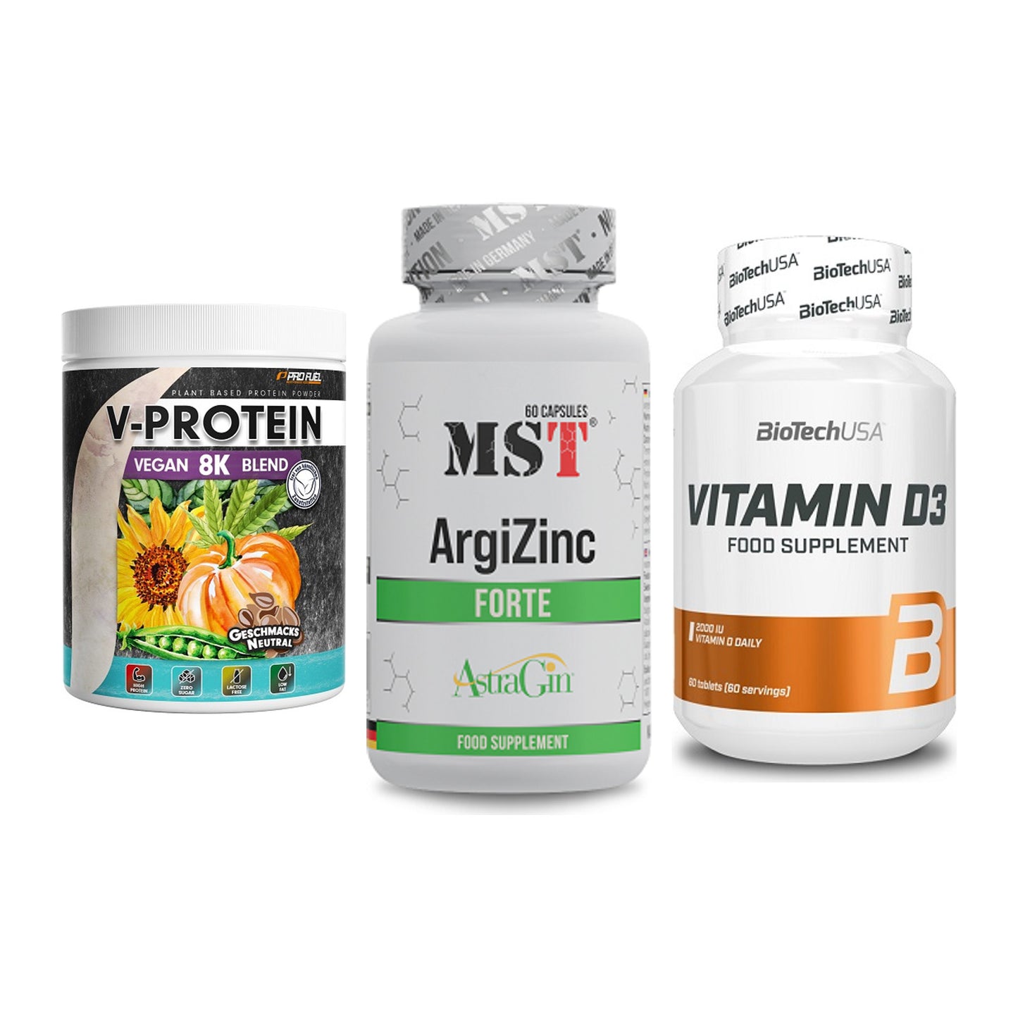 Pflanzliches Set: ProFuel V-Prote + MST ArgiZinc + BioTech Vitamin – alle enthaltenen Artikel