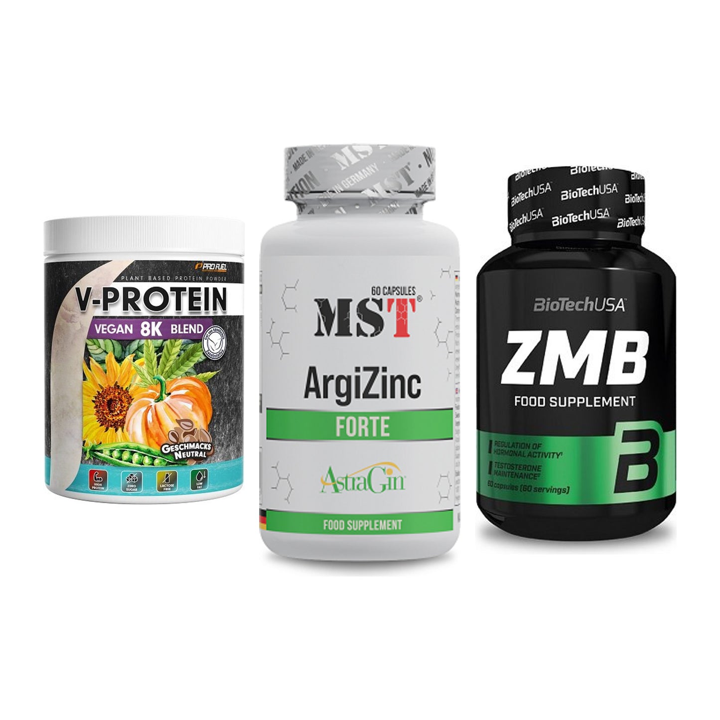 Pflanzliches Set: ProFuel V-Prote + MST ArgiZinc + BioTech ZMB – alle enthaltenen Artikel