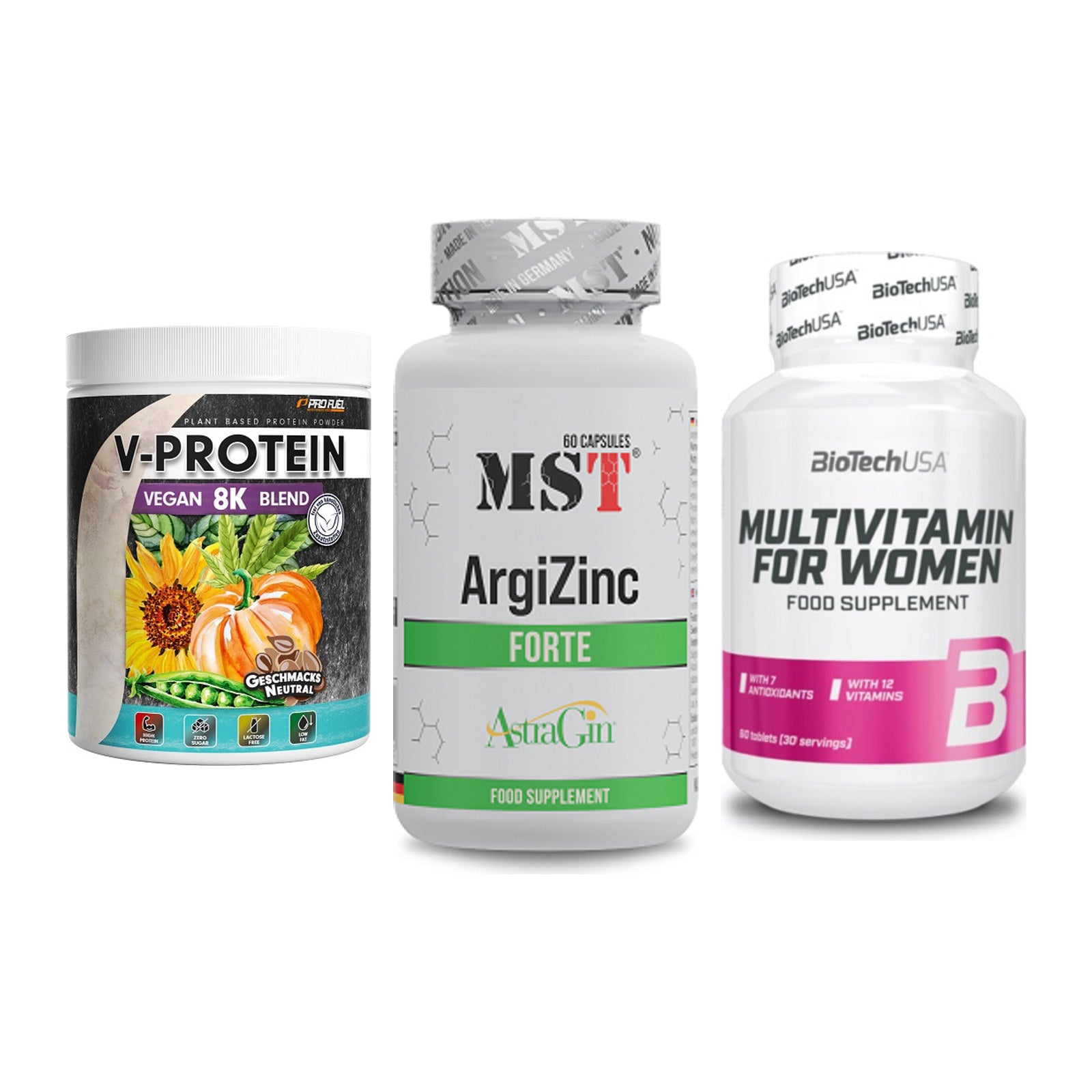 Pflanzliches Set: ProFuel V-Prote + MST ArgiZinc + BioTech Multivi – alle enthaltenen Artikel