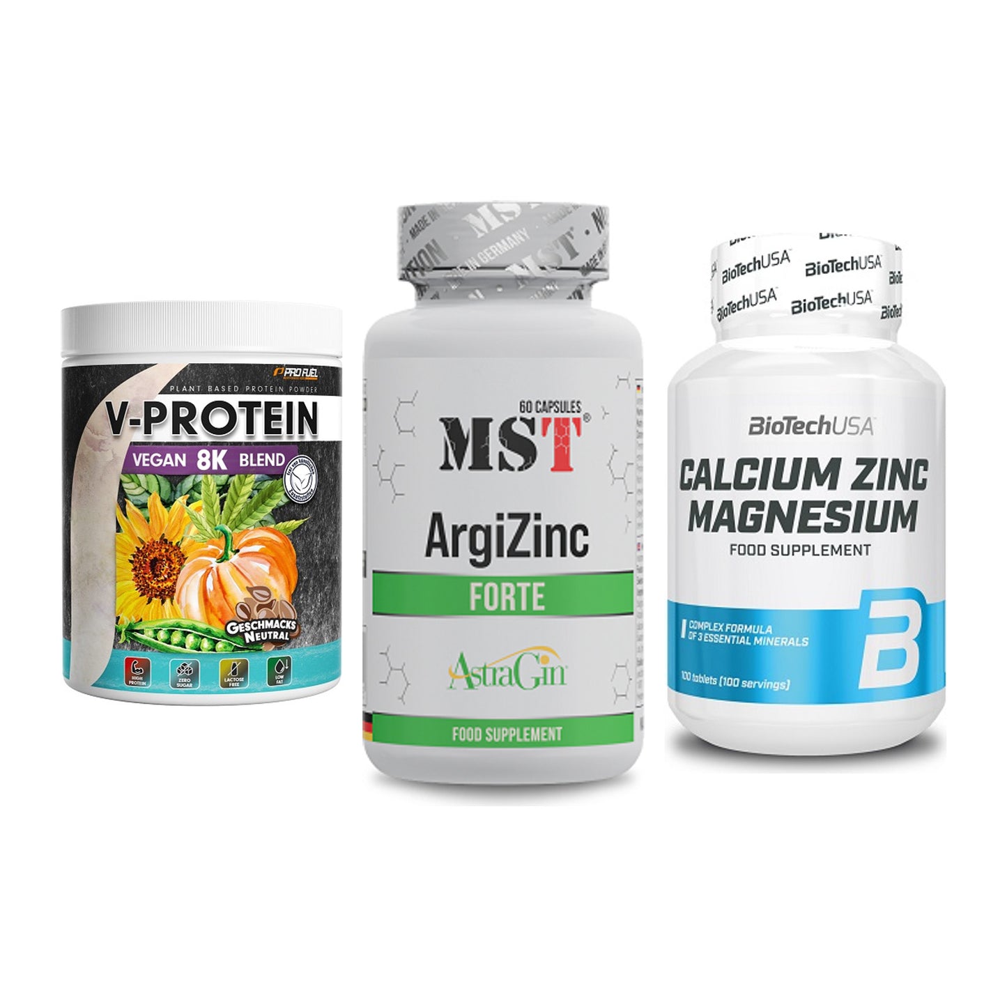Pflanzliches Set: ProFuel V-Prote + MST ArgiZinc + BioTech Calcium – alle enthaltenen Artikel