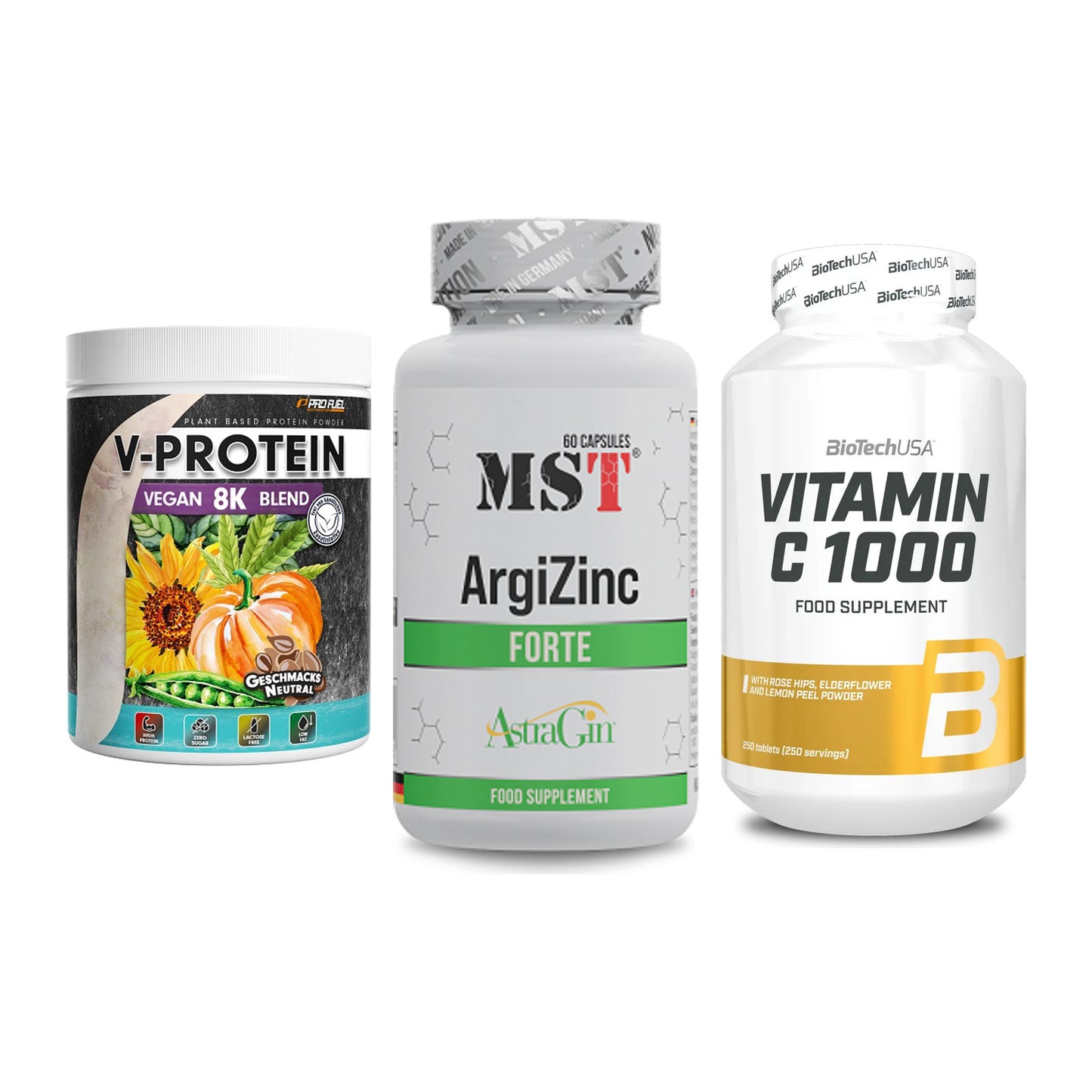 Pflanzliches Set: ProFuel V-Prote + MST ArgiZinc + BioTech Vitamin – alle enthaltenen Artikel