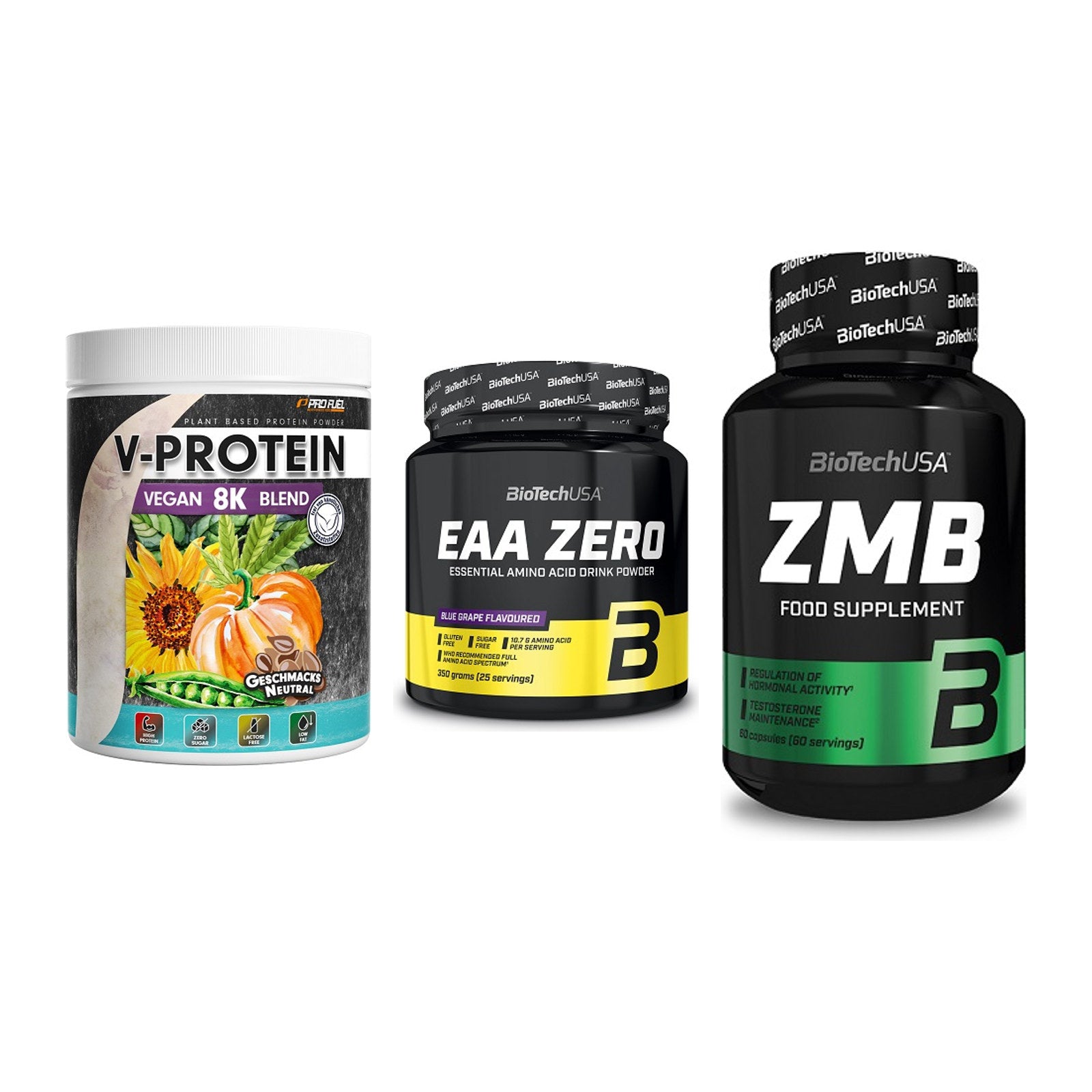 Pflanzliches Set: ProFuel V-Prote + BioTech EAA + BioTech ZMB – alle enthaltenen Artikel