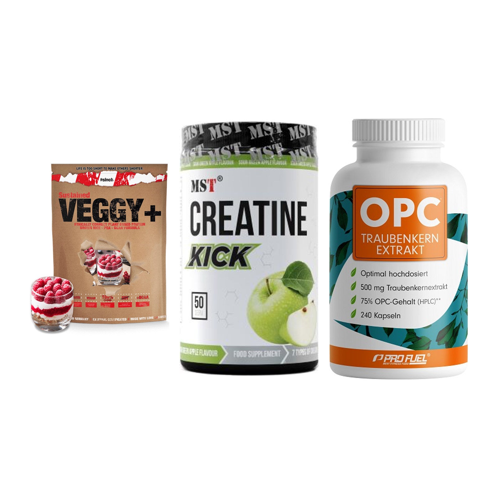 Pflanzliches Set: Sinob VEGGY + MST Creatine + ProFuel OPC – alle enthaltenen Artikel