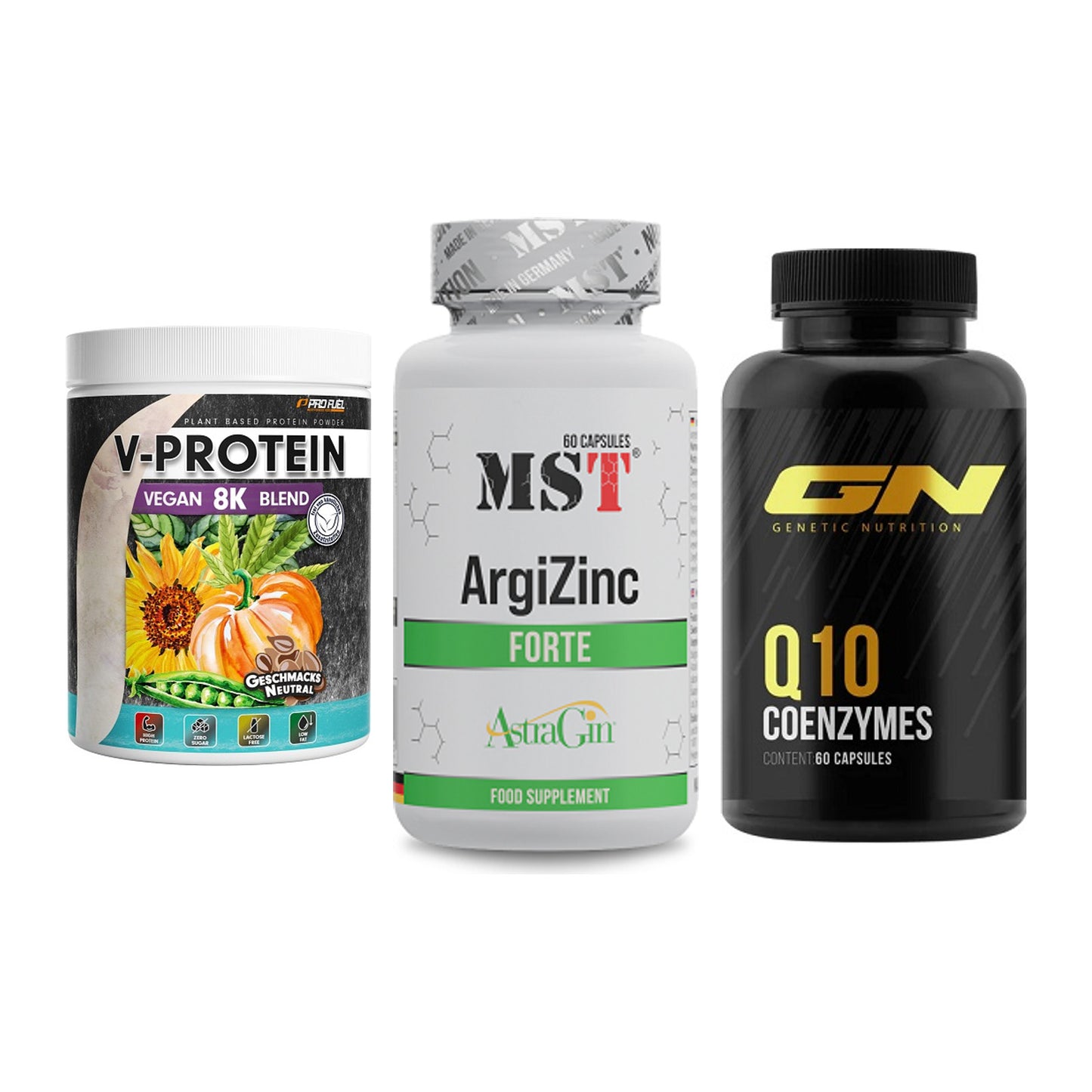 Pflanzliches Set: ProFuel V-Prote + MST ArgiZinc + GN Q10 Health – alle enthaltenen Artikel