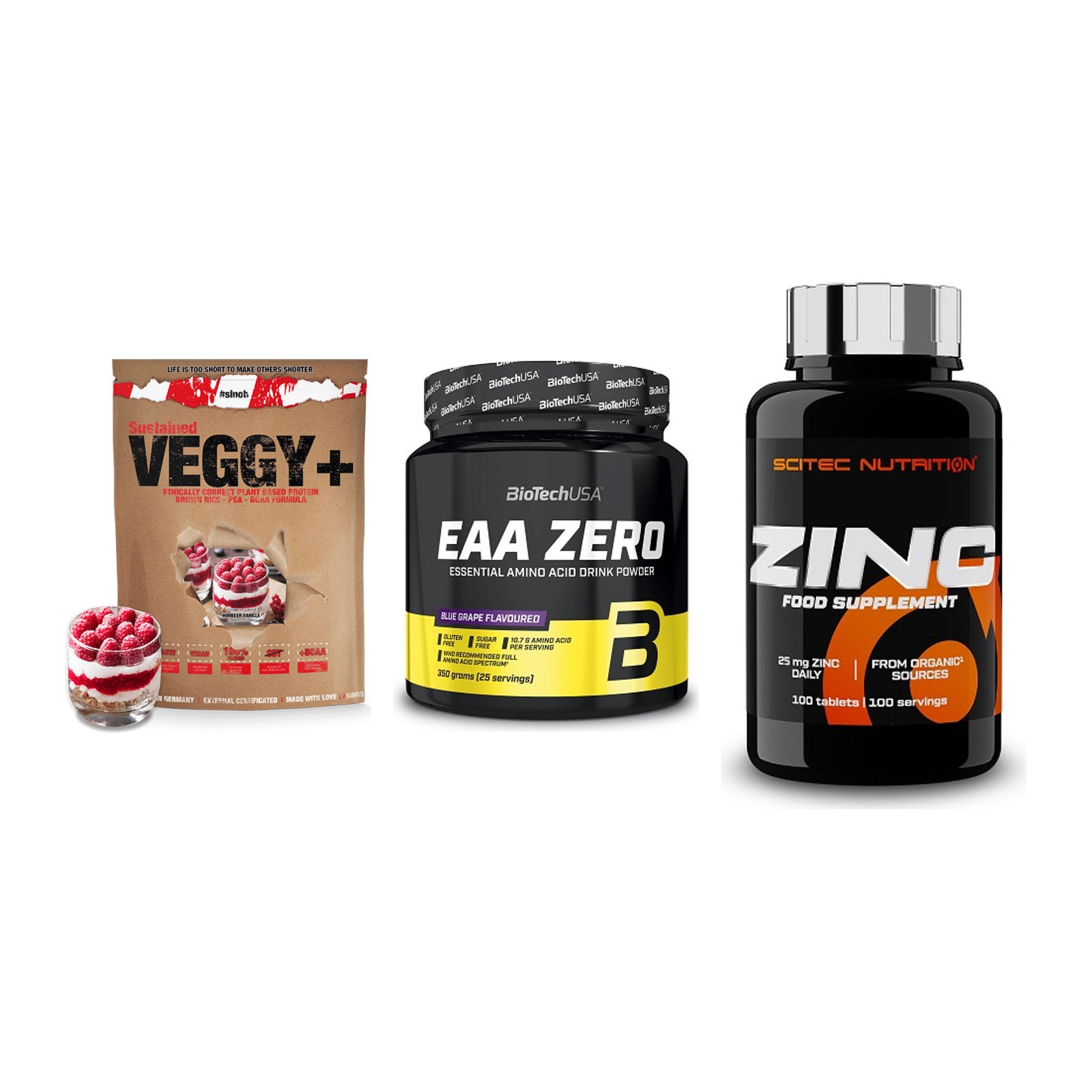 Pflanzliches Set: Sinob VEGGY + BioTech EAA + Scitec Zinc – alle enthaltenen Artikel