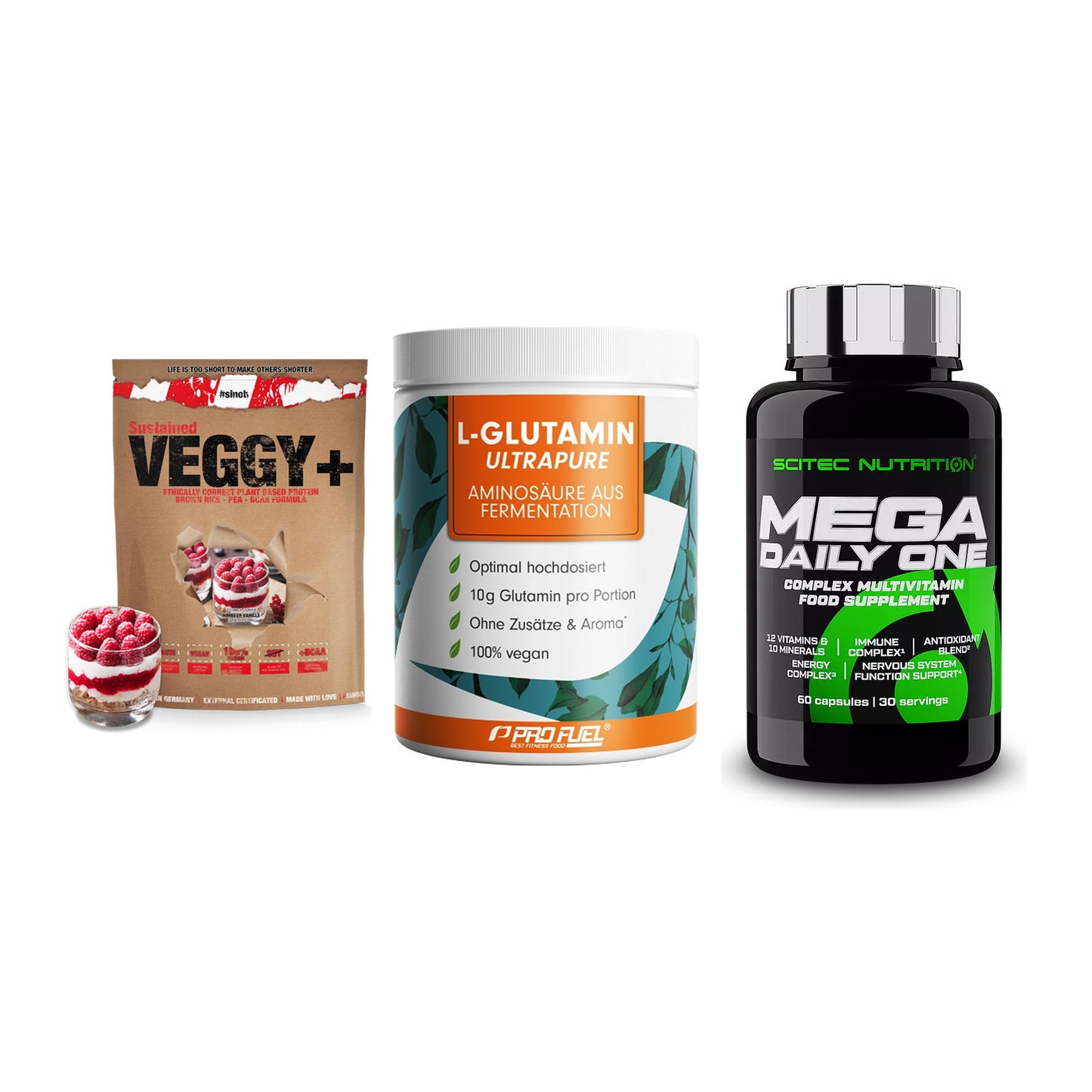 Pflanzliches Set: Sinob VEGGY + ProFuel Glutami + Scitec Mega – alle enthaltenen Artikel