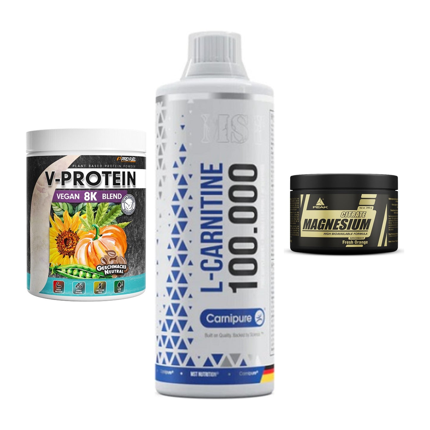 Pflanzliches Set: ProFuel V-Prote + MST L-Carnitine + Peak Magnesium – alle enthaltenen Artikel
