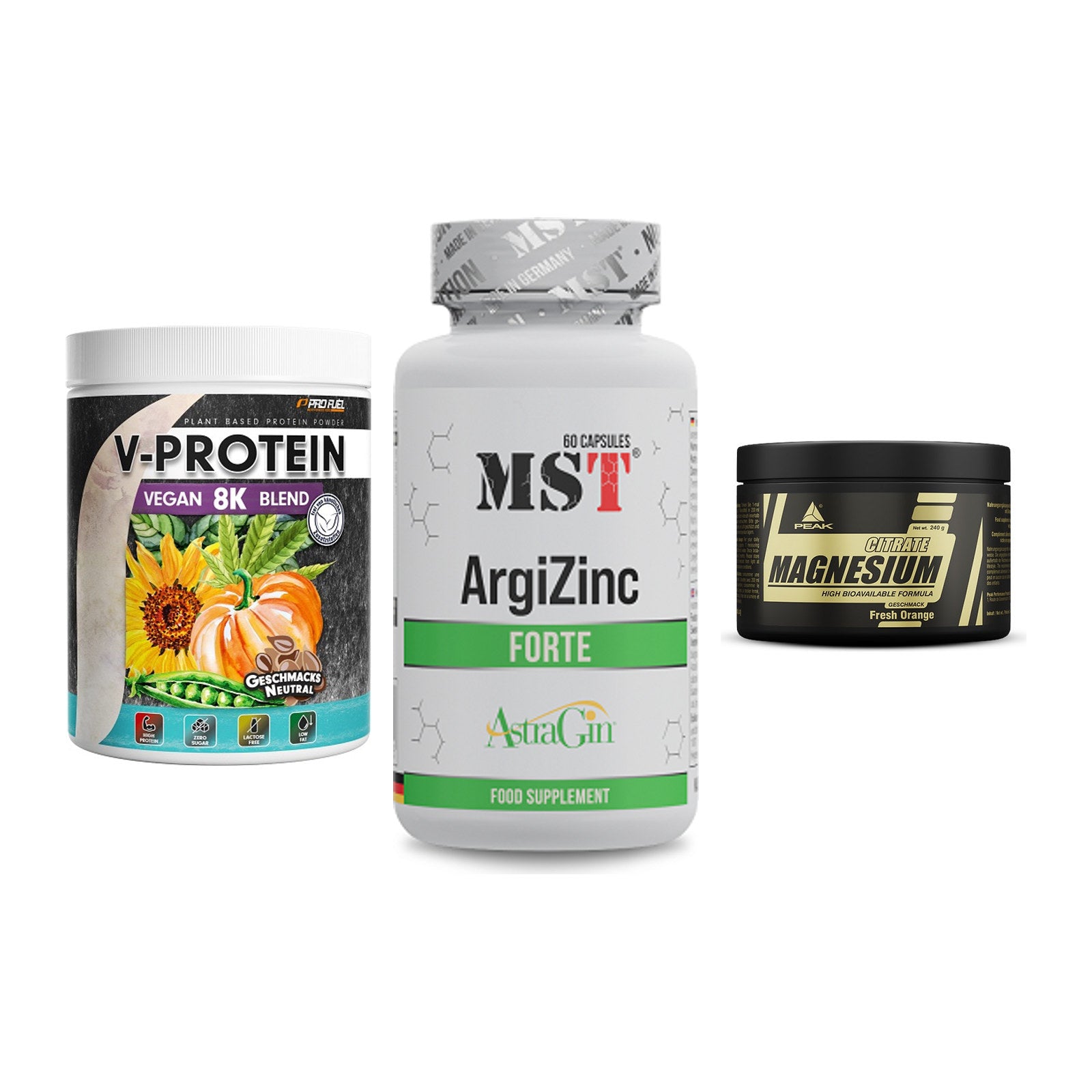 Pflanzliches Set: ProFuel V-Prote + MST ArgiZinc + Peak Magnesium – alle enthaltenen Artikel
