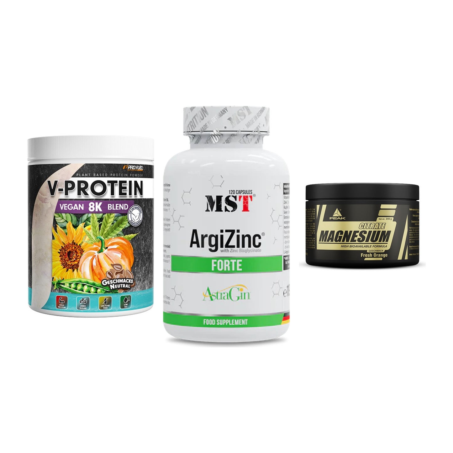 Pflanzliches Set: ProFuel V-Prote + MST ArgiZinc + Peak Magnesium – alle enthaltenen Artikel