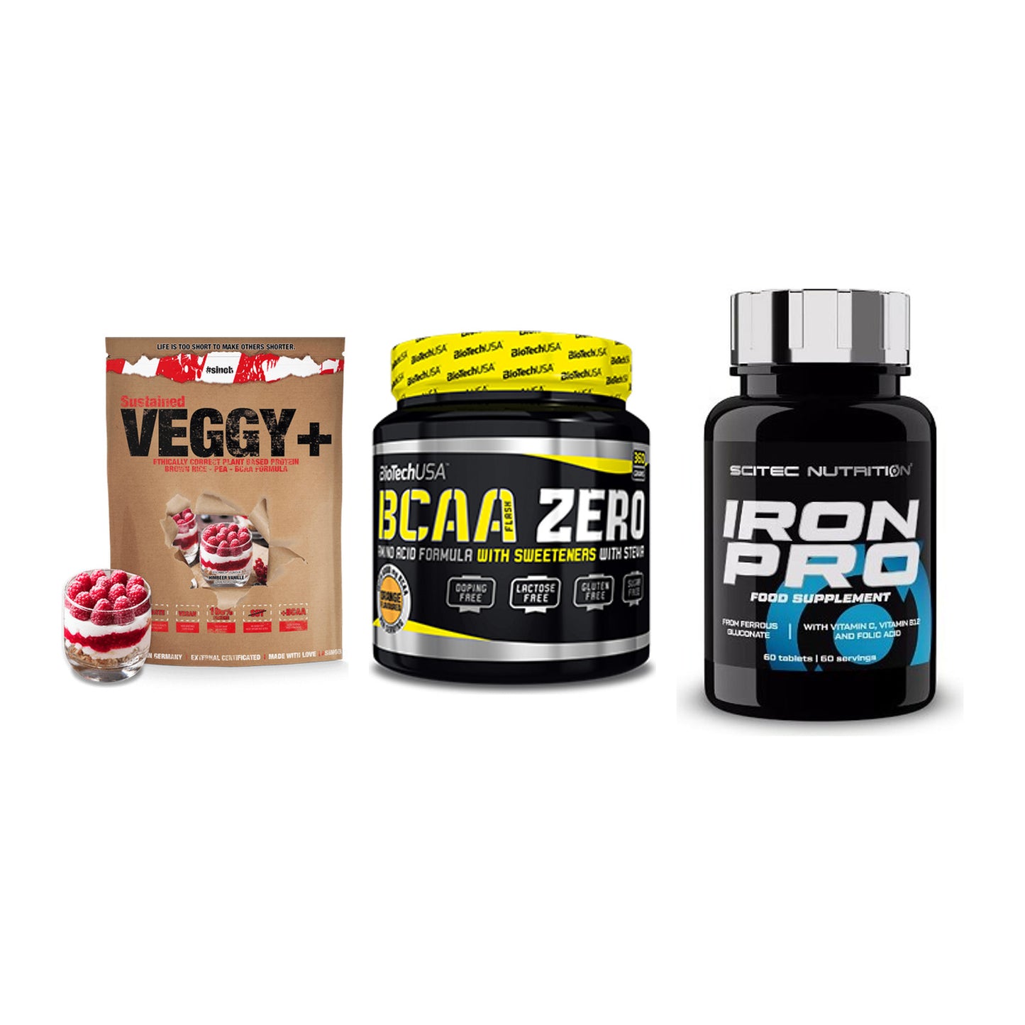 Pflanzliches Set: Sinob VEGGY + BioTech BCAA + Scitec Iron Pro – alle enthaltenen Artikel